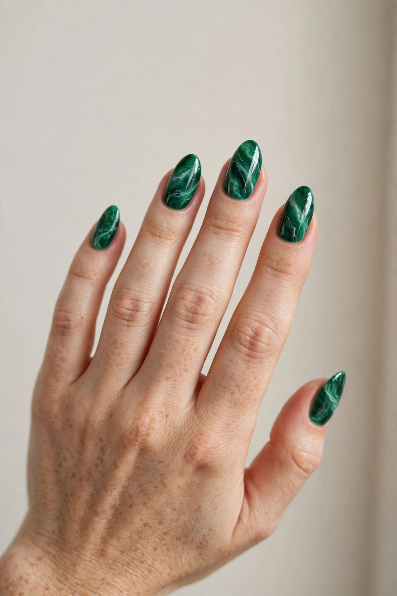 Close-up of emerald green marble swirl manicure on oval shaped nails