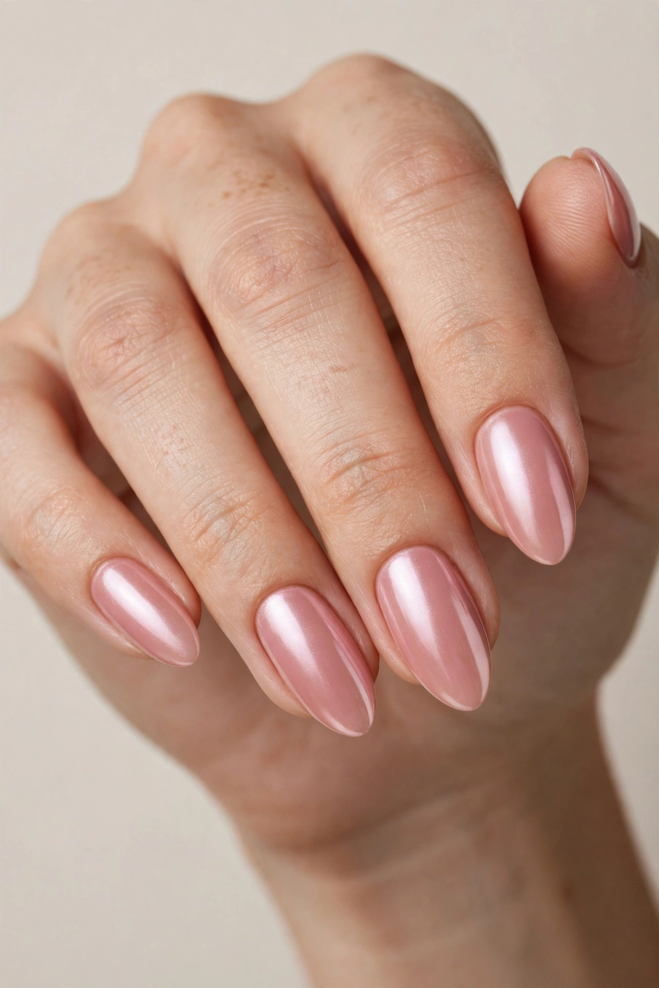 Close-up of blush pink chrome glazed manicure on oval shaped nails