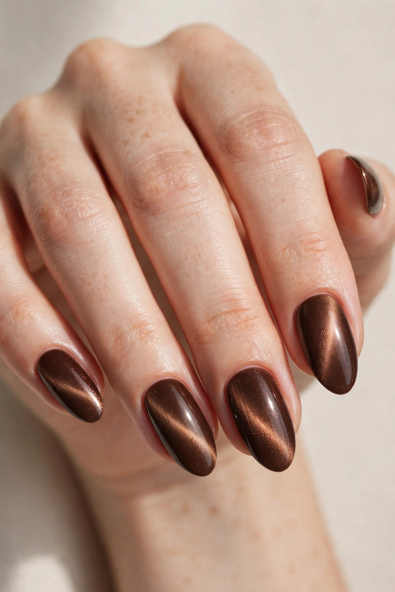 Close-up of chocolate brown magnetic cat eye manicure on oval shaped nails