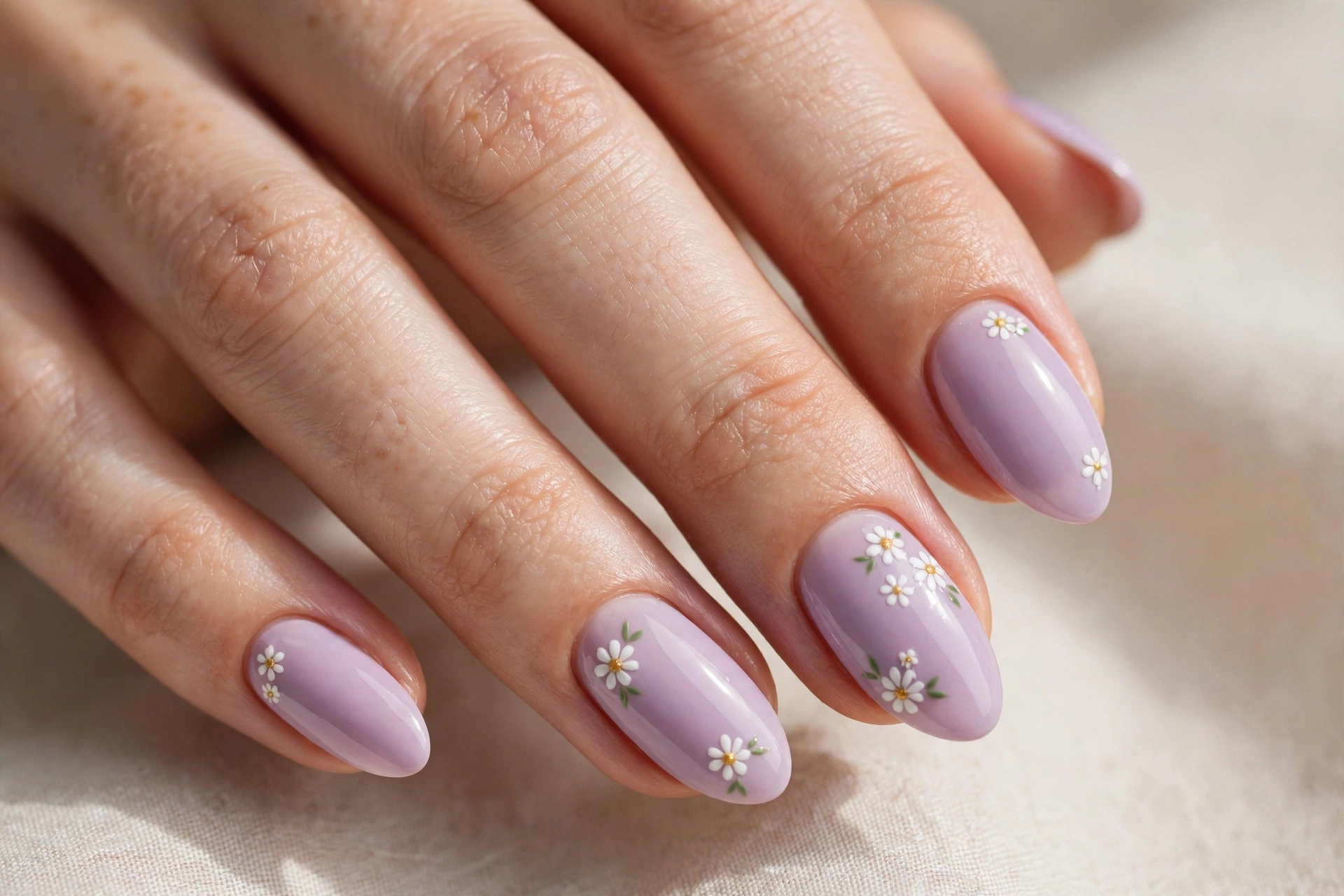 Close-up of lilac oval nails with tiny white daisy floral nail art
