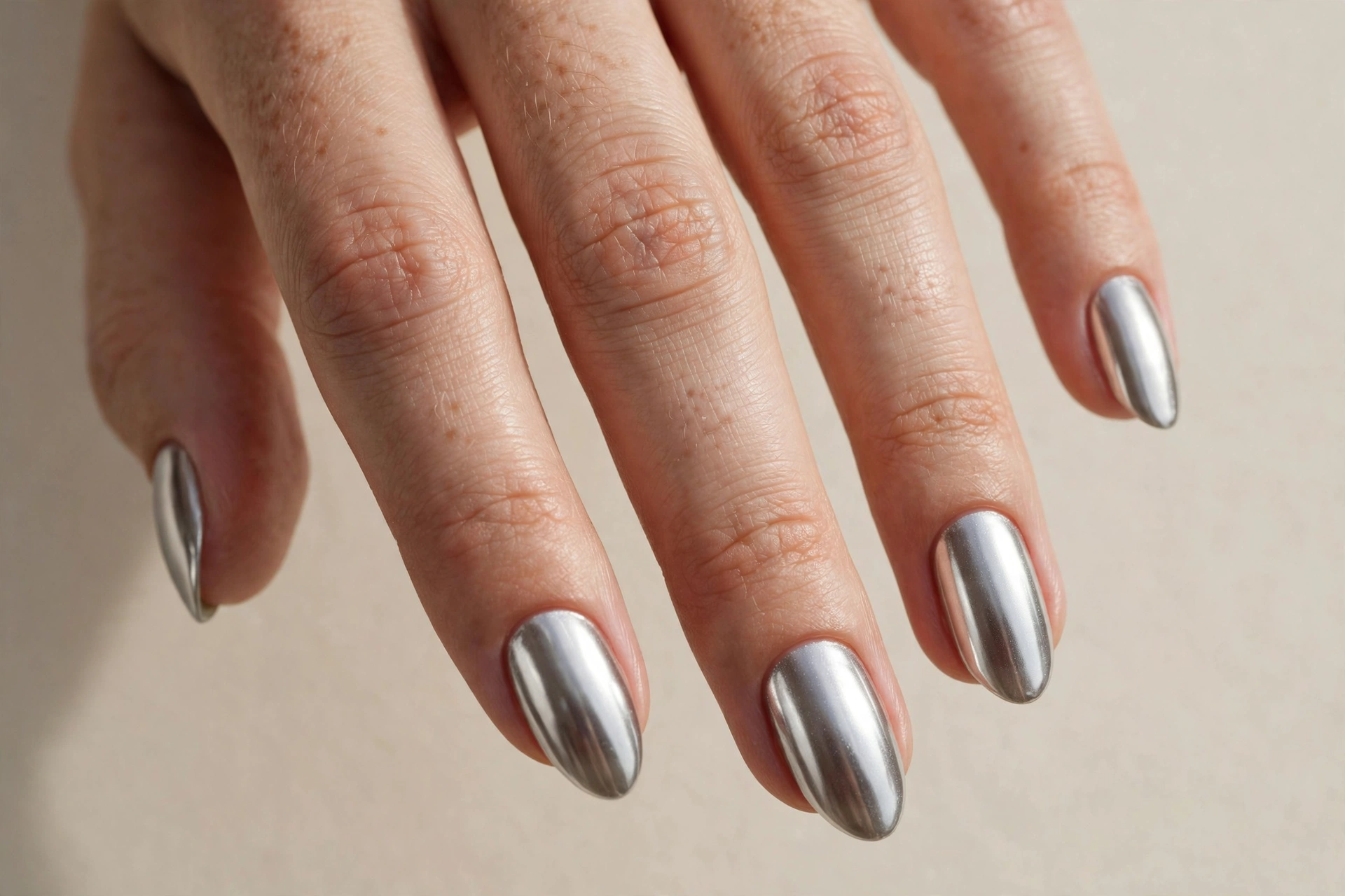 Close-up of mirror silver metallic manicure on oval shaped nails