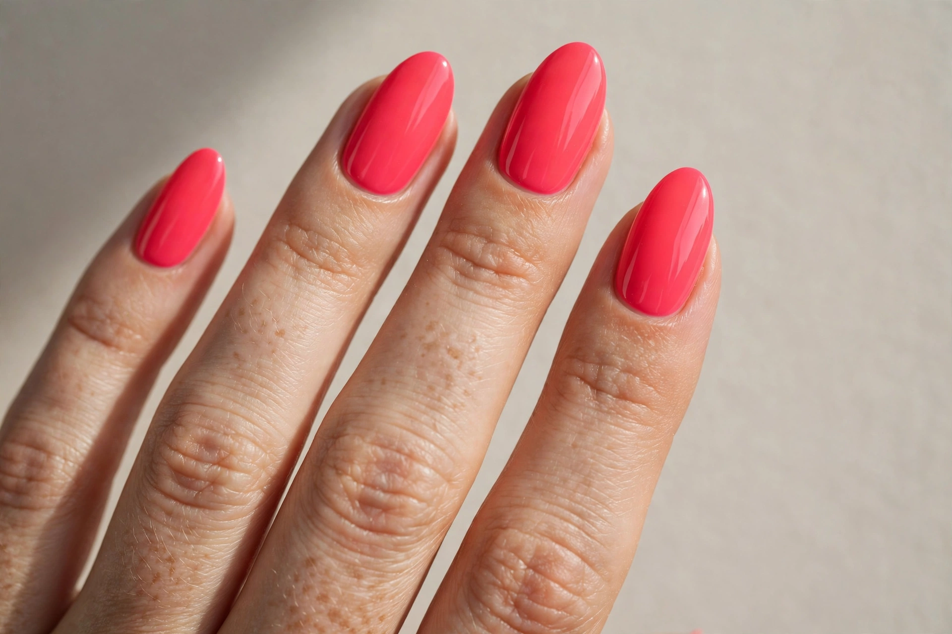 Close-up of bright coral pink manicure on oval shaped nails