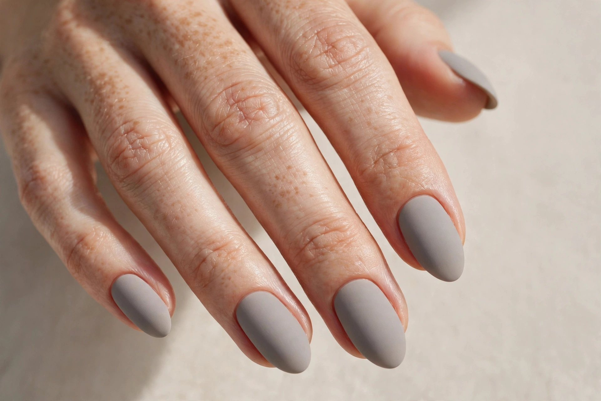 Close-up of soft grey matte manicure on oval shaped nails