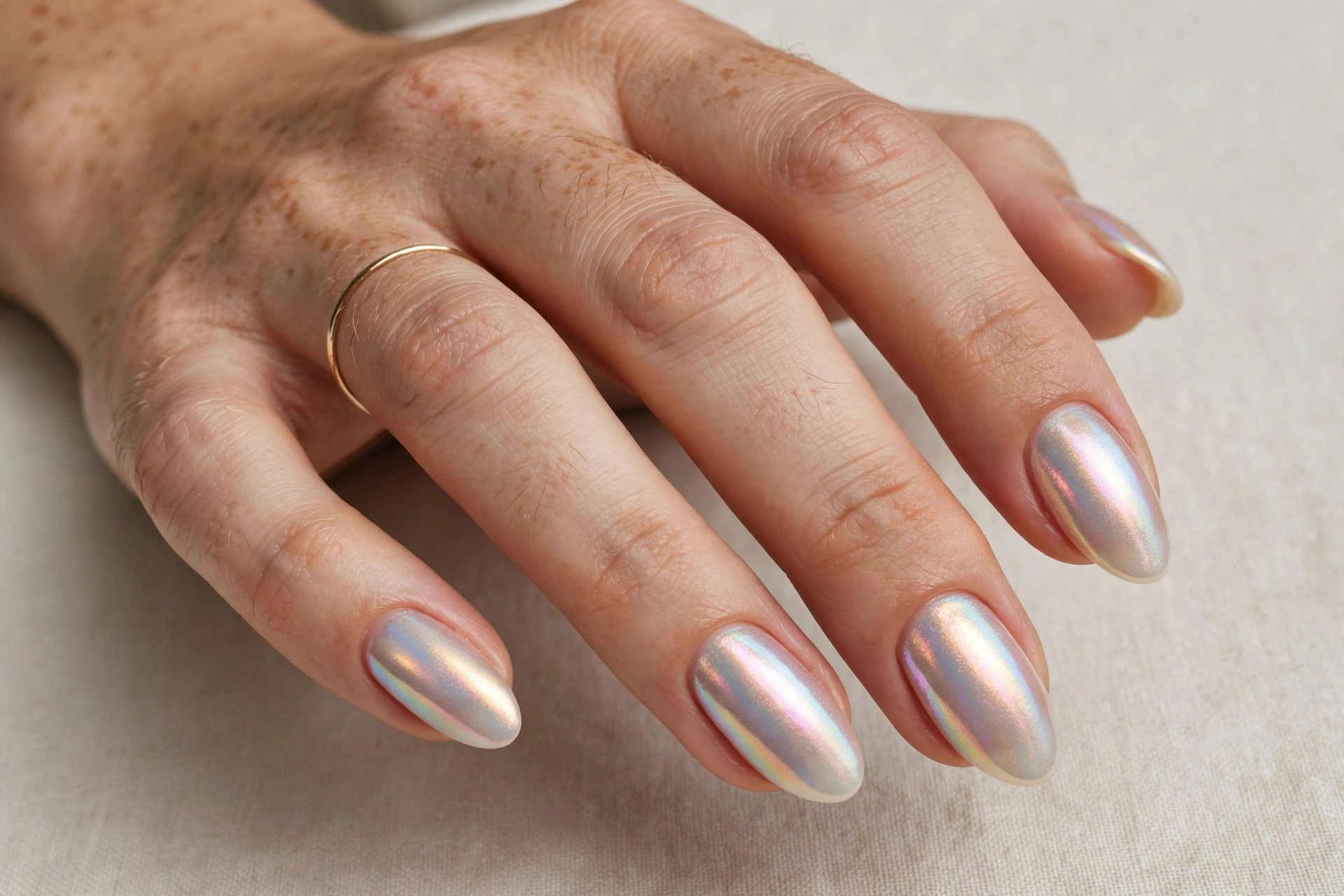 Close-up of pearly iridescent glazed manicure on oval shaped nails