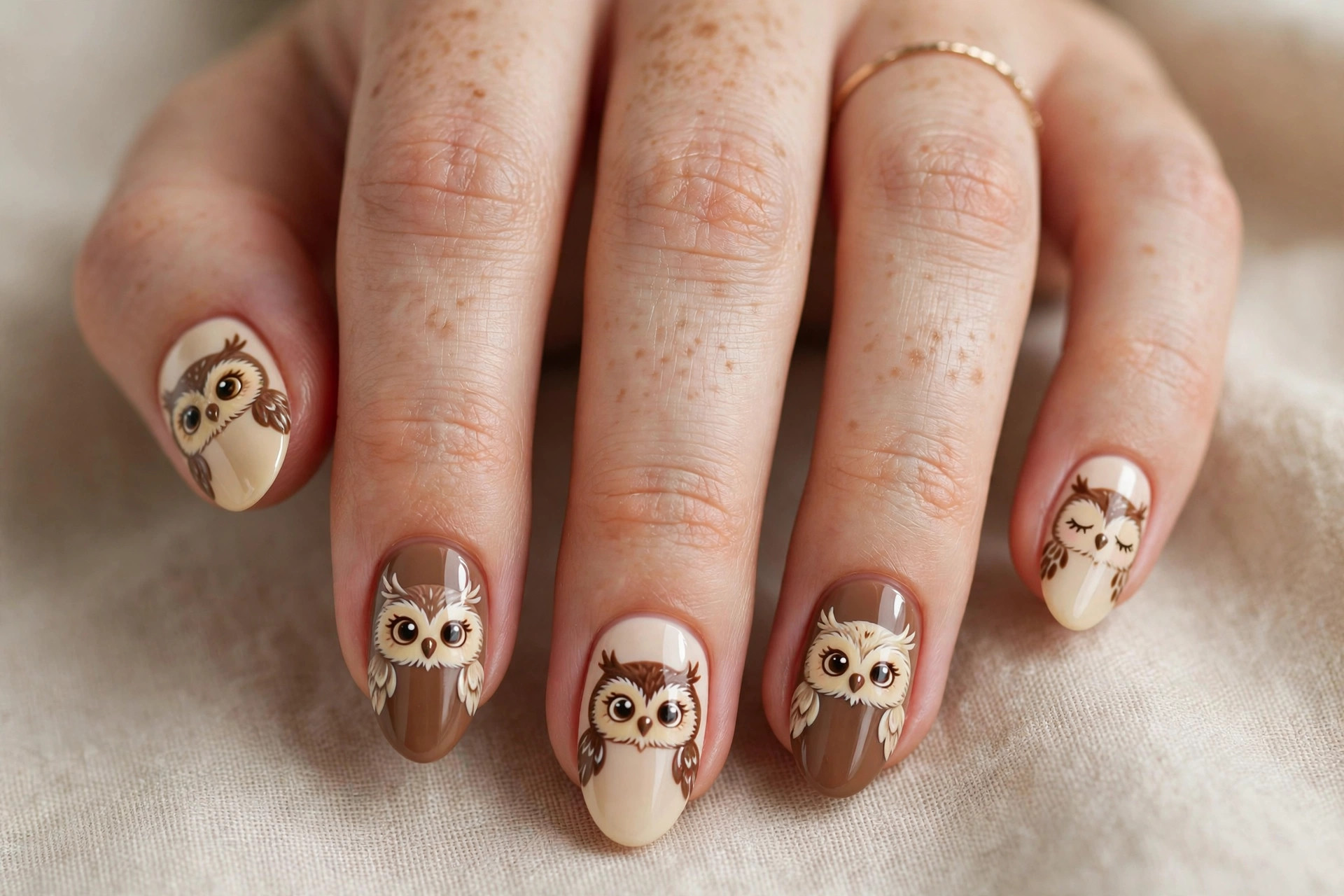 Close-up of a woman's hand with cute little owl faces in brown and cream fall nail art on almond shaped nails