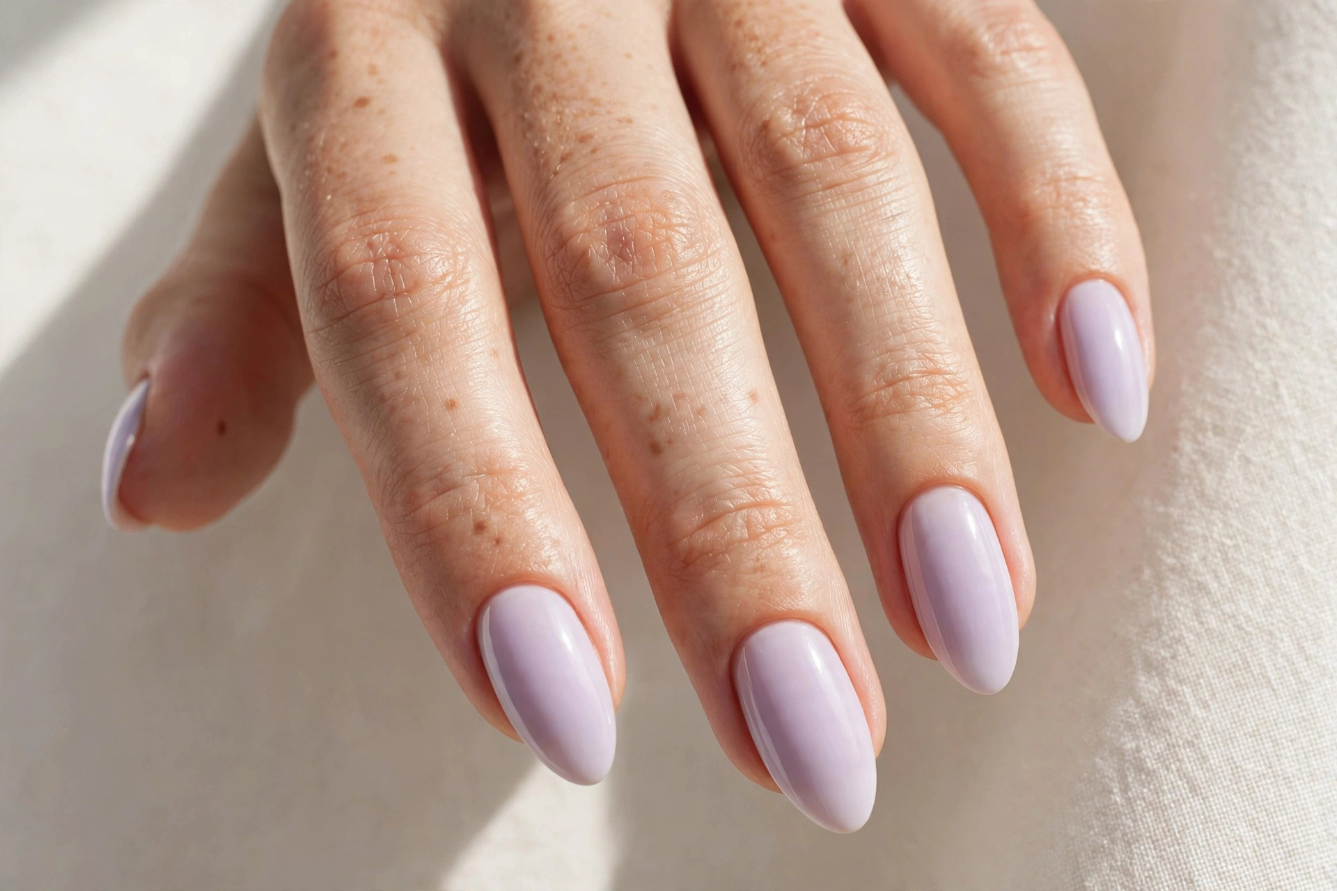 Lavender milk solid pastel manicure on almond shaped nails