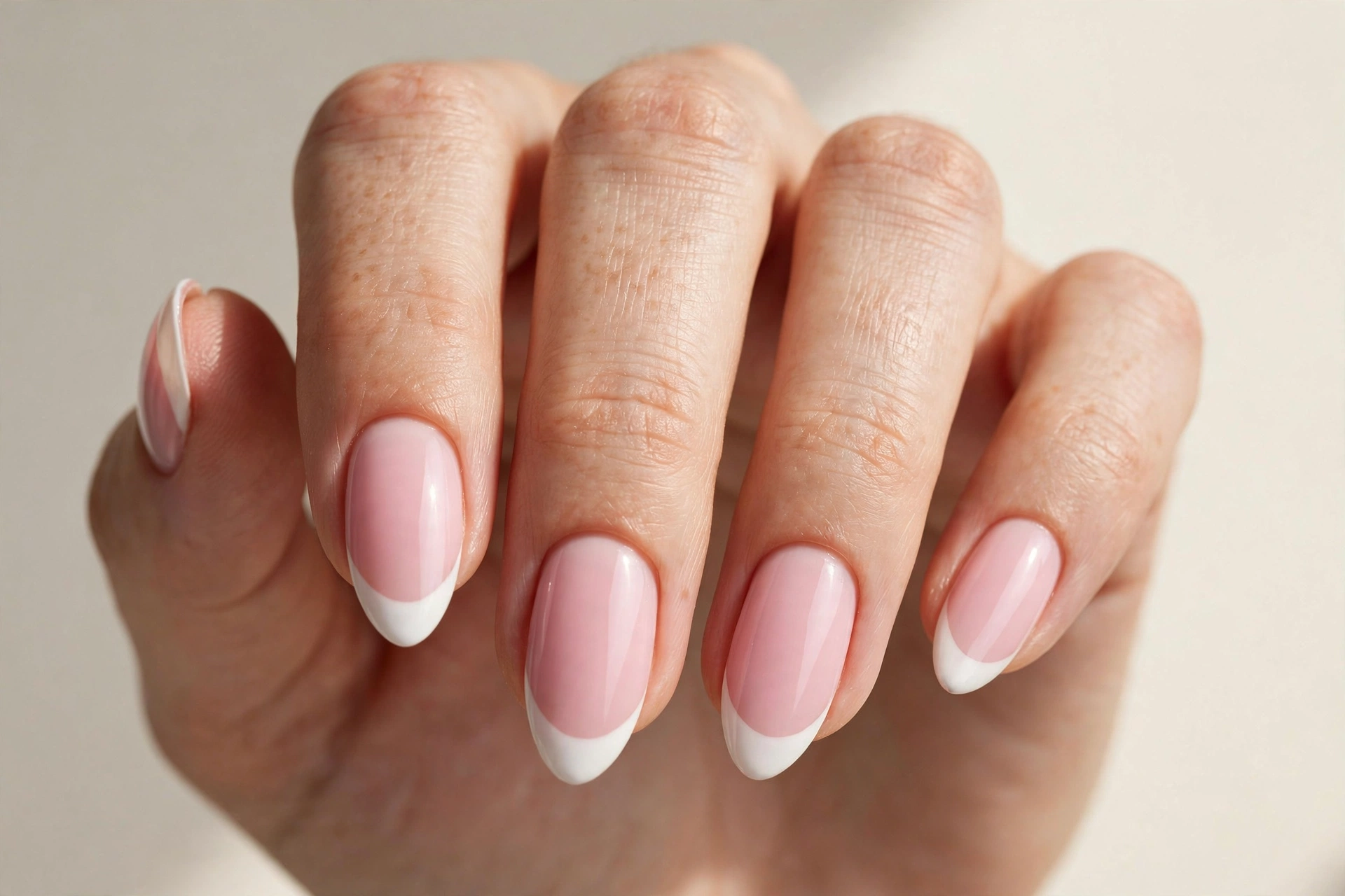 Baby pink nails with white french tip manicure