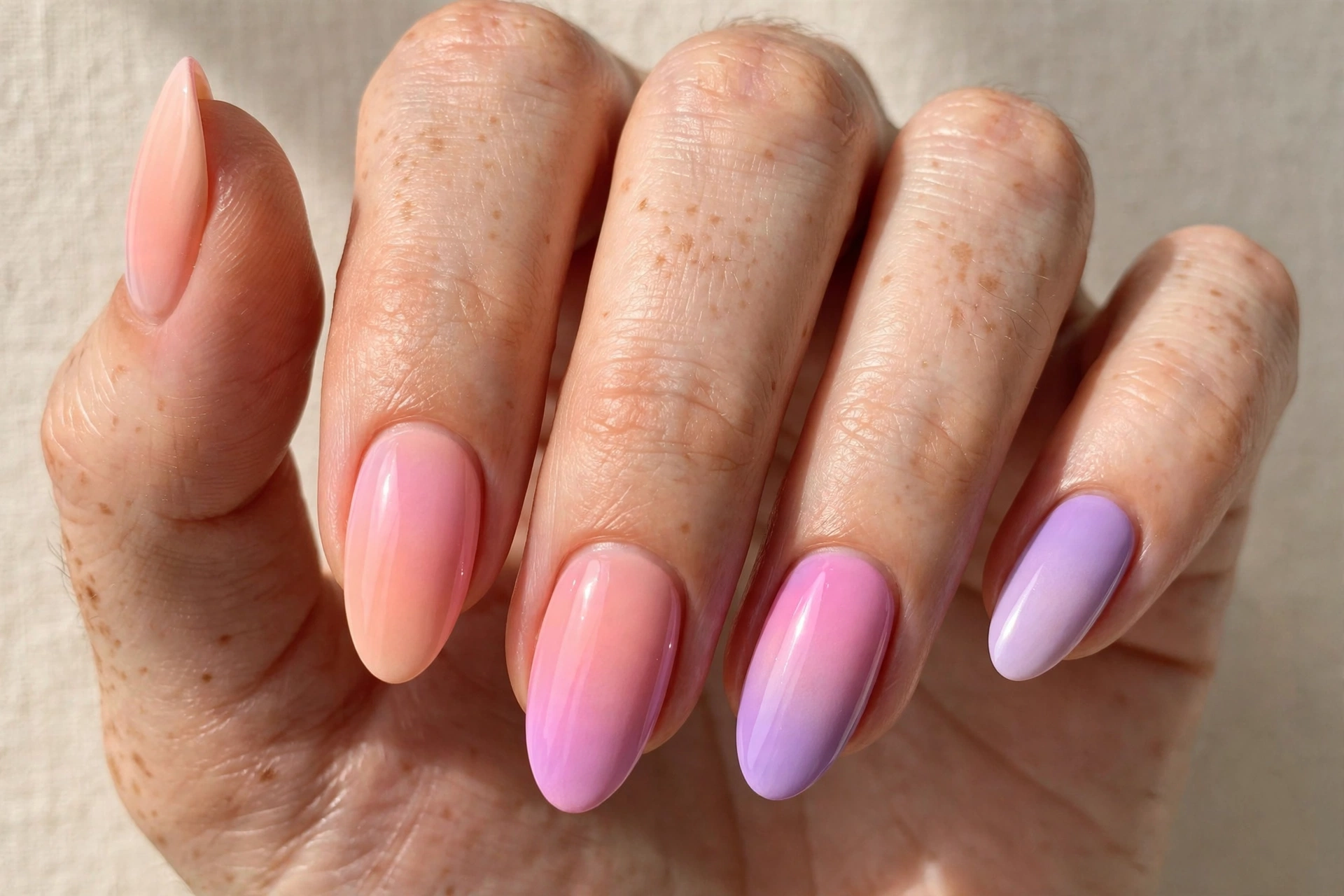 Pastel rainbow ombre nails blending lavender pink and peach