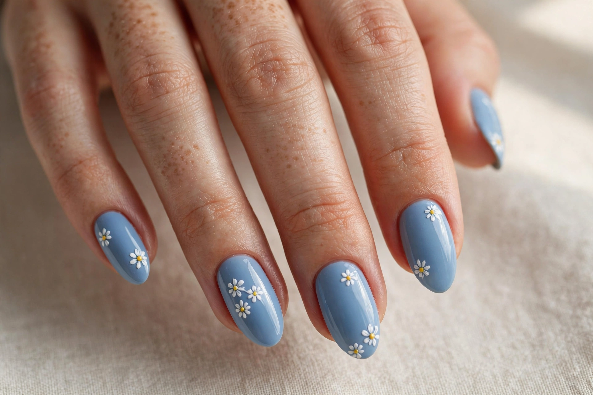 Powder blue pastel nails decorated with tiny white daisies