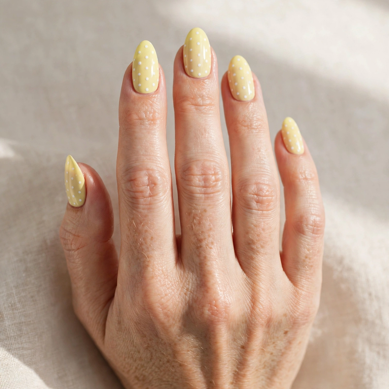 Pastel yellow nails decorated with white polka dots