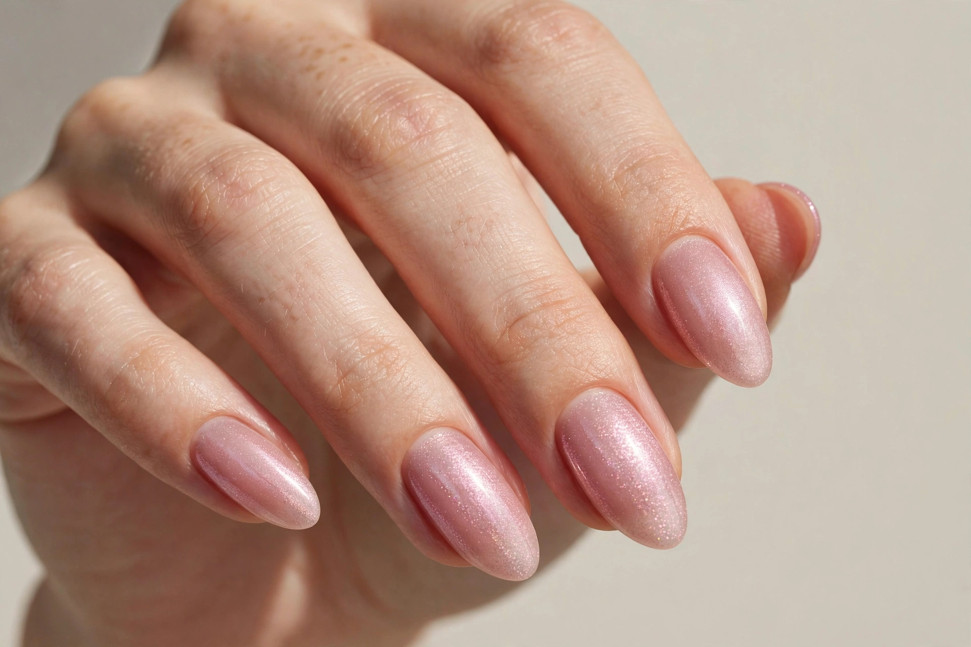 Rose quartz pink shimmer pastel manicure