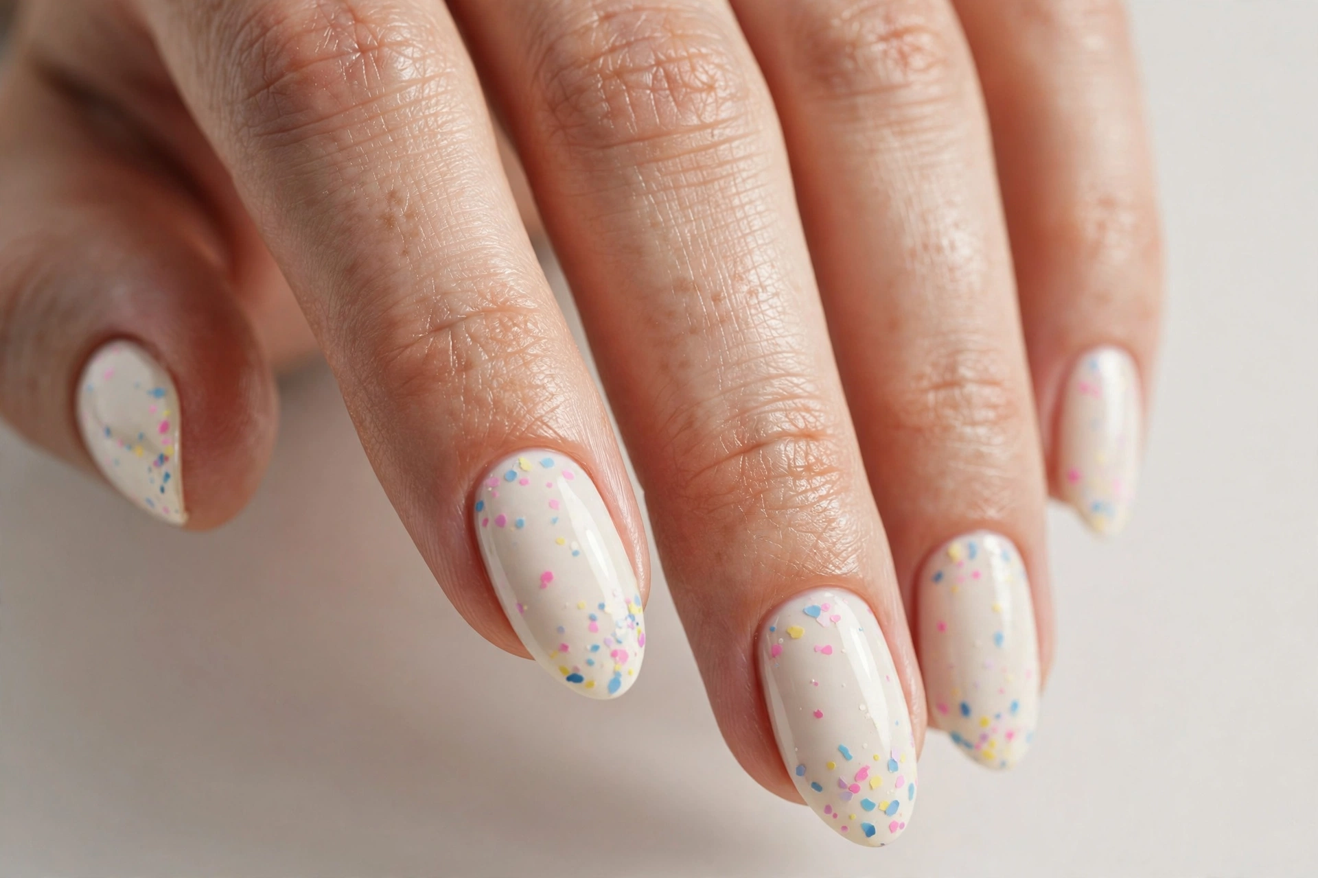 Cream white nails decorated with tiny pastel confetti dots