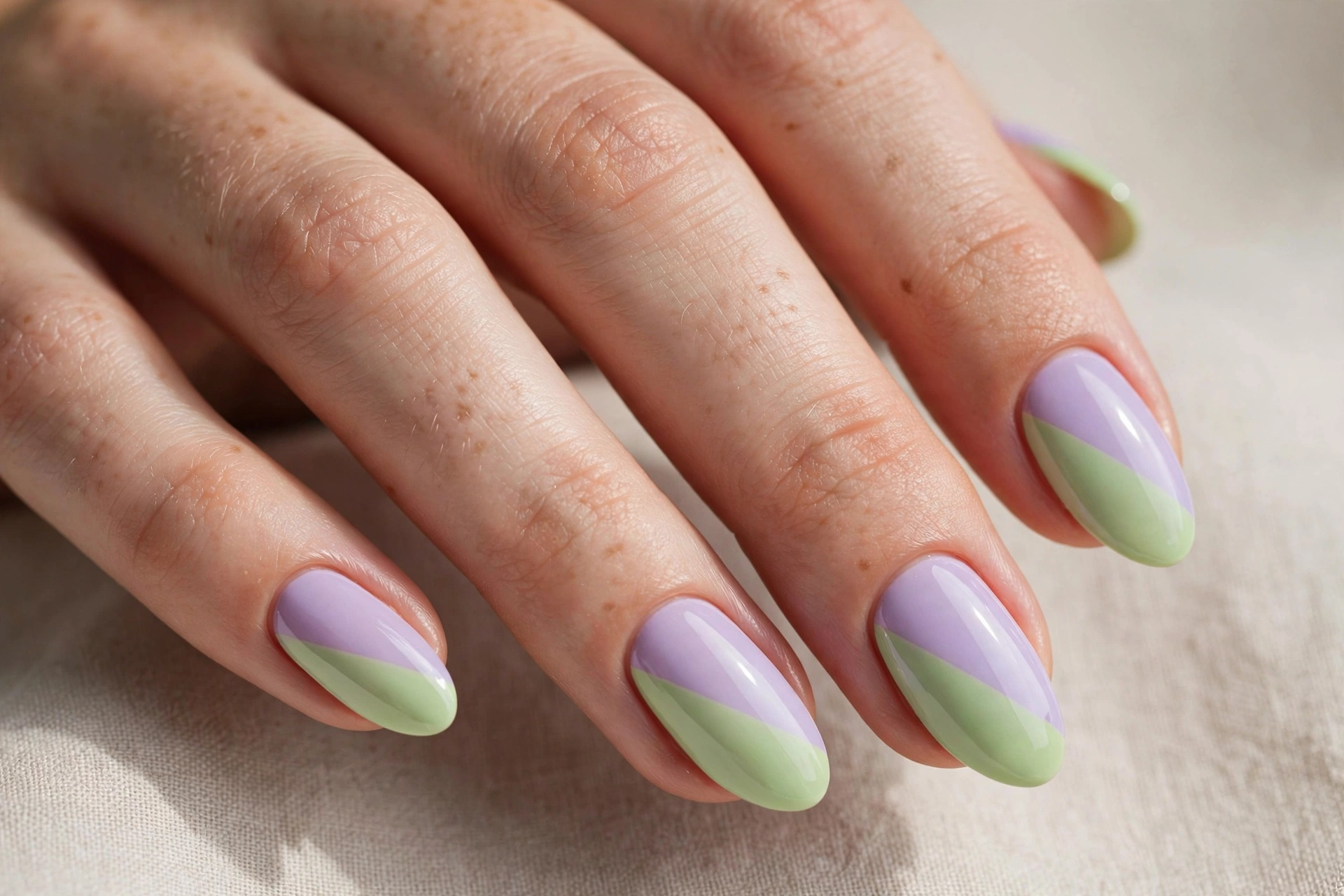 Pastel green and lavender color block diagonal tip nails