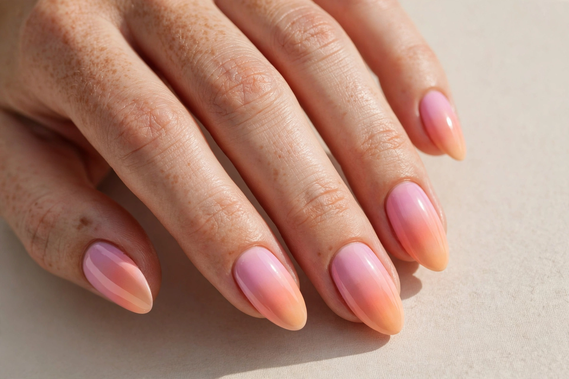 Pastel pink to peach sunset gradient manicure