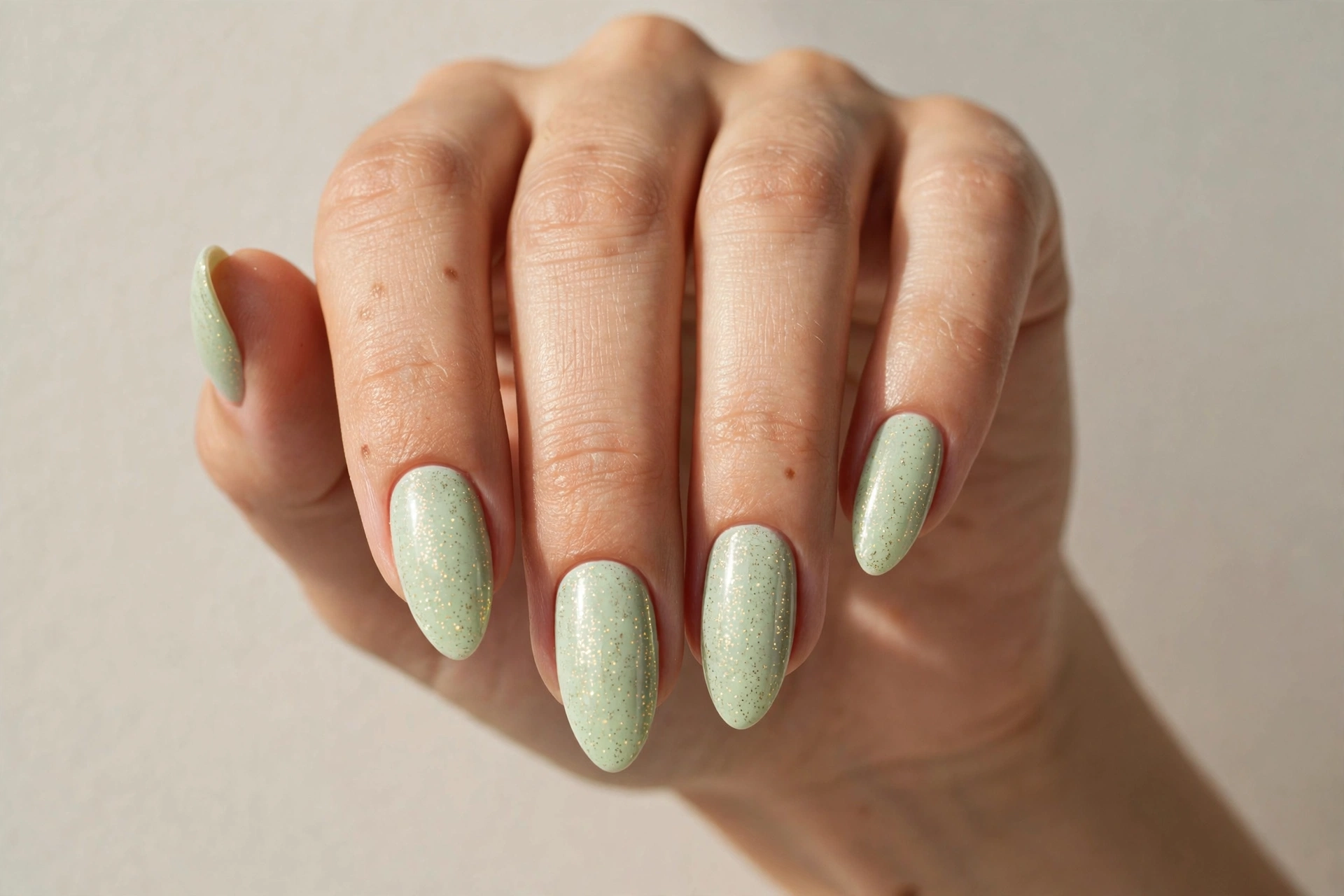 Pale mint green pastel nails with fine gold glitter sparkle