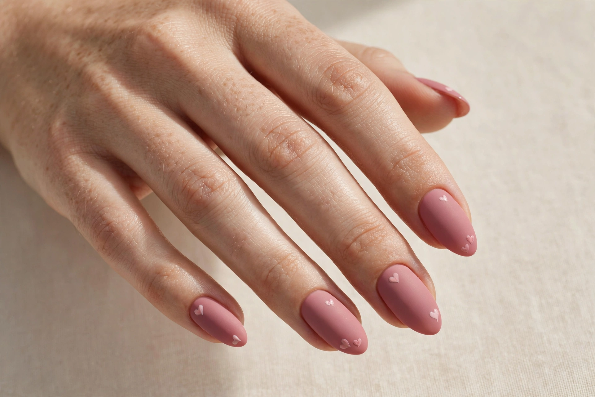 Dusty rose pastel nails with tiny hand painted heart accents