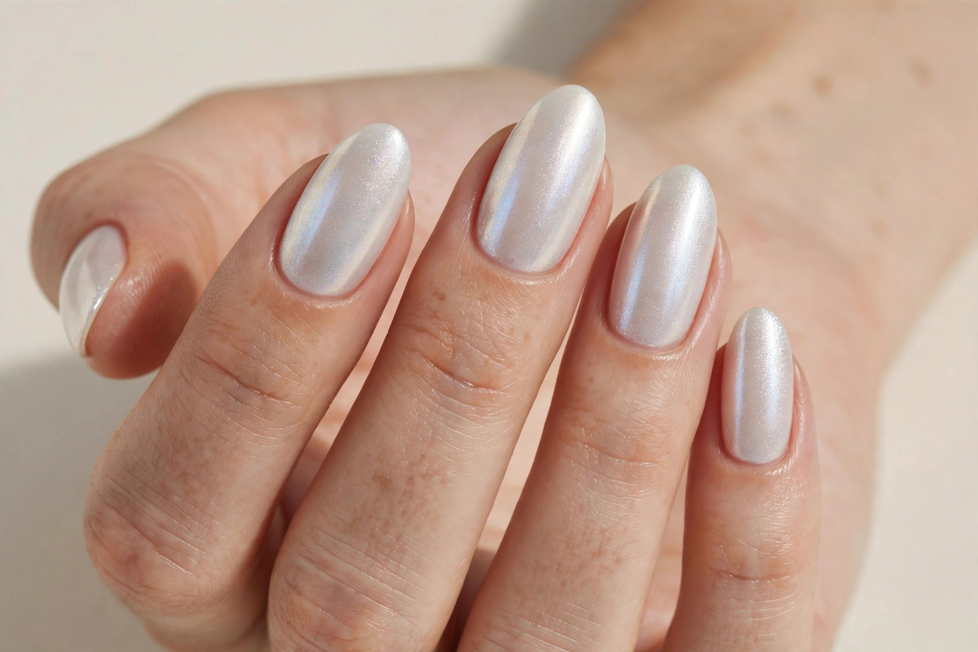 Almond nails with a pearlescent pearl finish winter manicure with subtle shimmer