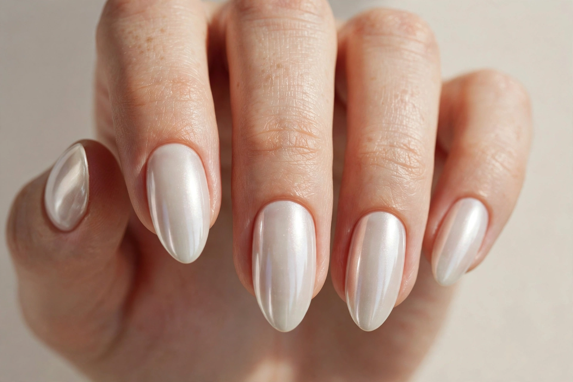 Classic white pearl chrome manicure with glossy luminous finish