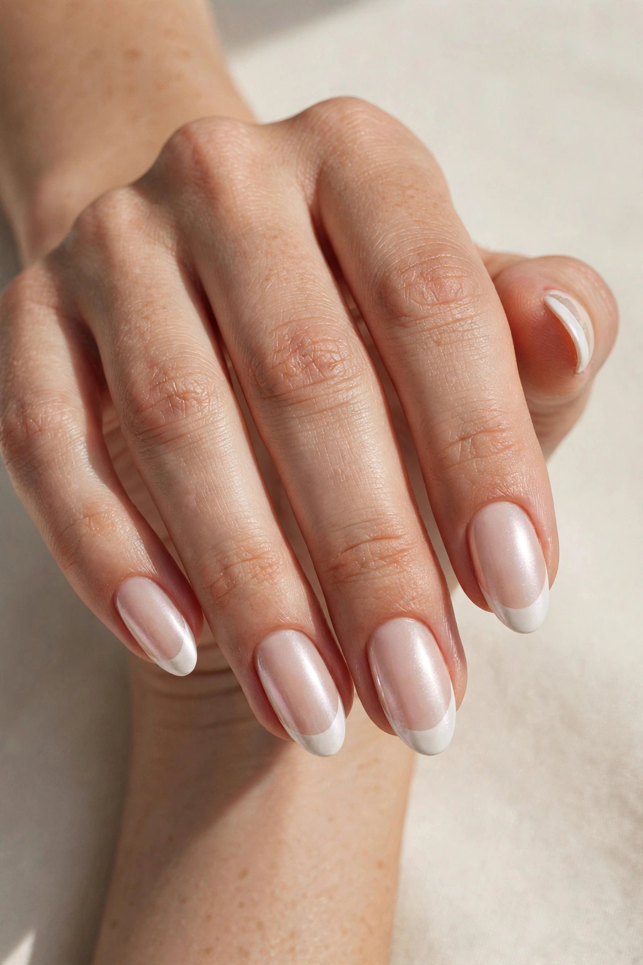 Pearl white french tip manicure on nude base