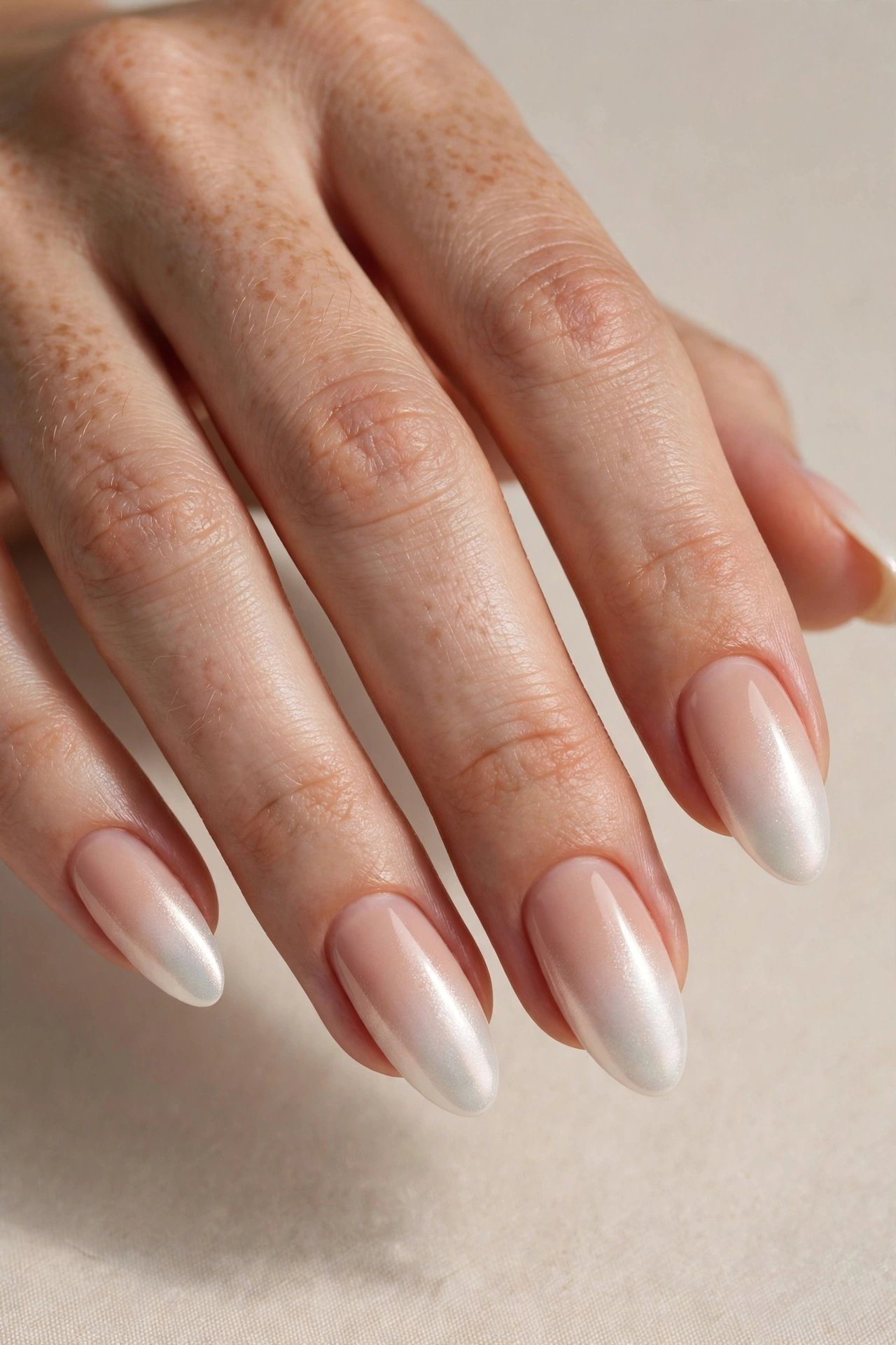 White pearl ombre manicure fading into nude base