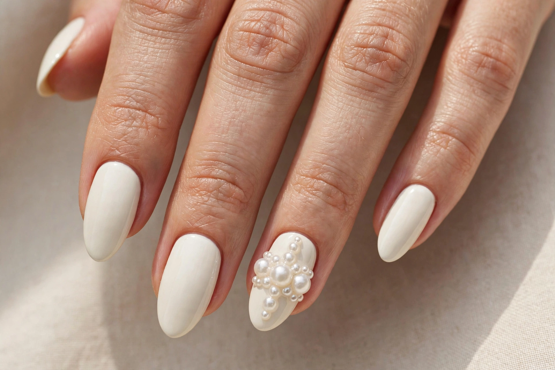 Ivory manicure with tiny 3D pearl embellishments on accent nails