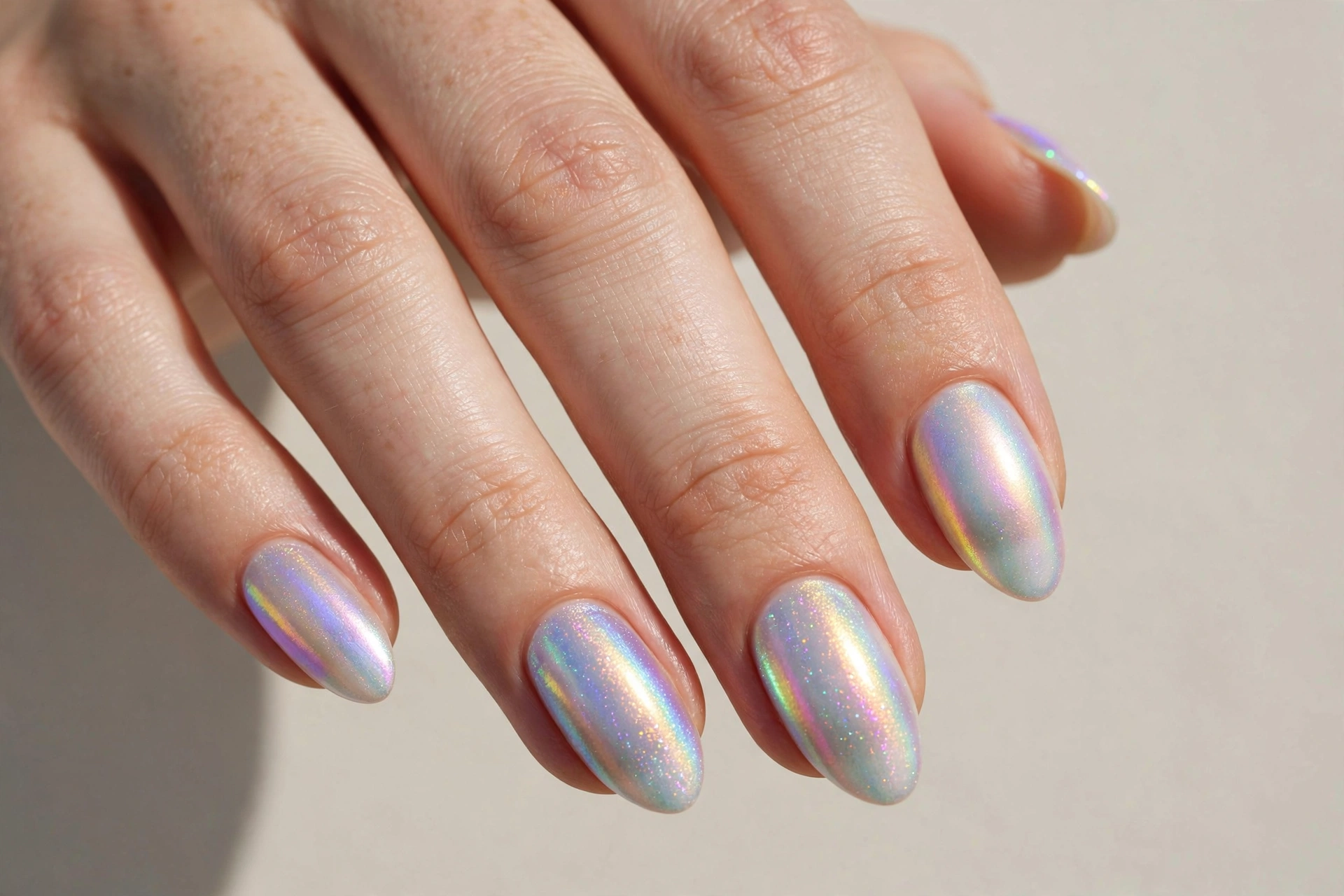 Iridescent pearl mermaid shimmer manicure with rainbow glow