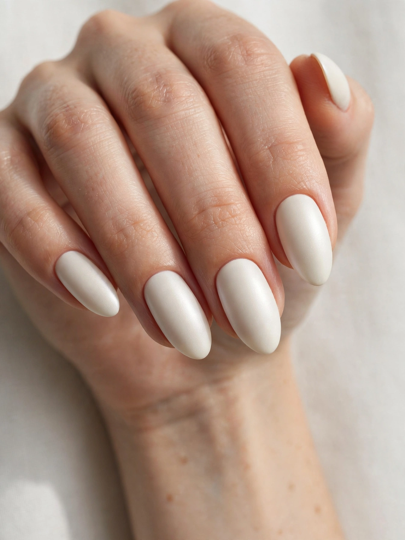 Matte ivory pearl manicure with soft satin finish