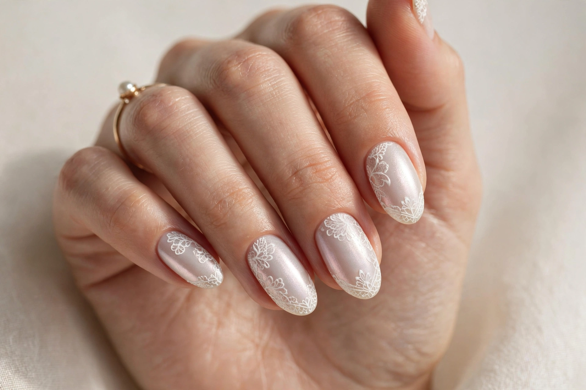 Bridal pearl manicure with delicate white lace pattern