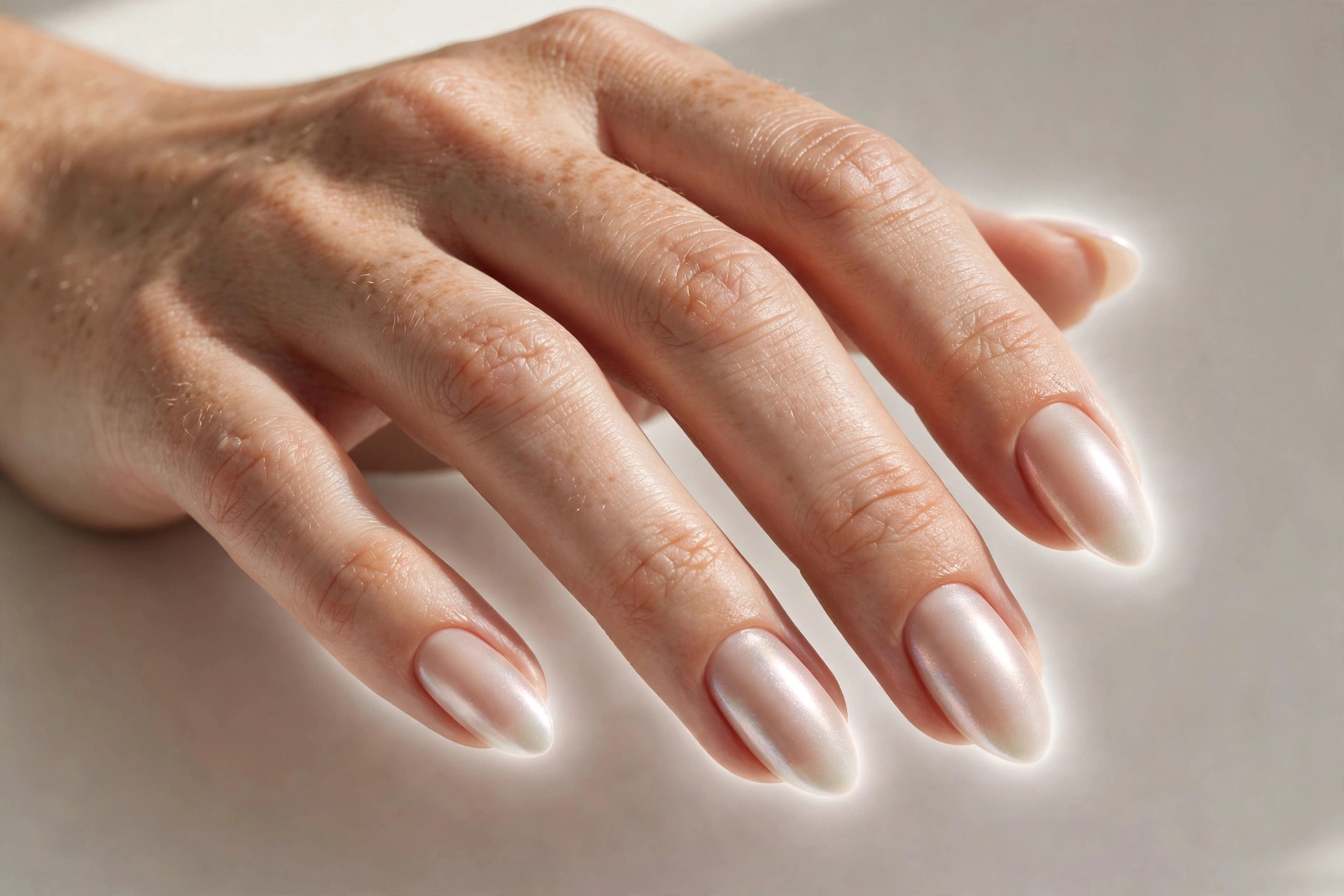 Pearl aura glow manicure with luminous white aura over nude base