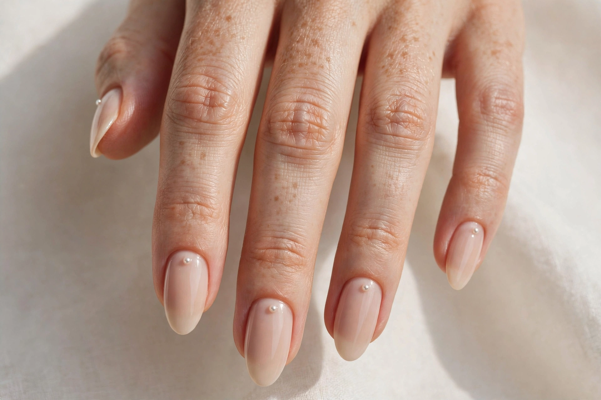 Minimalist nude manicure with single tiny pearl dot on each nail
