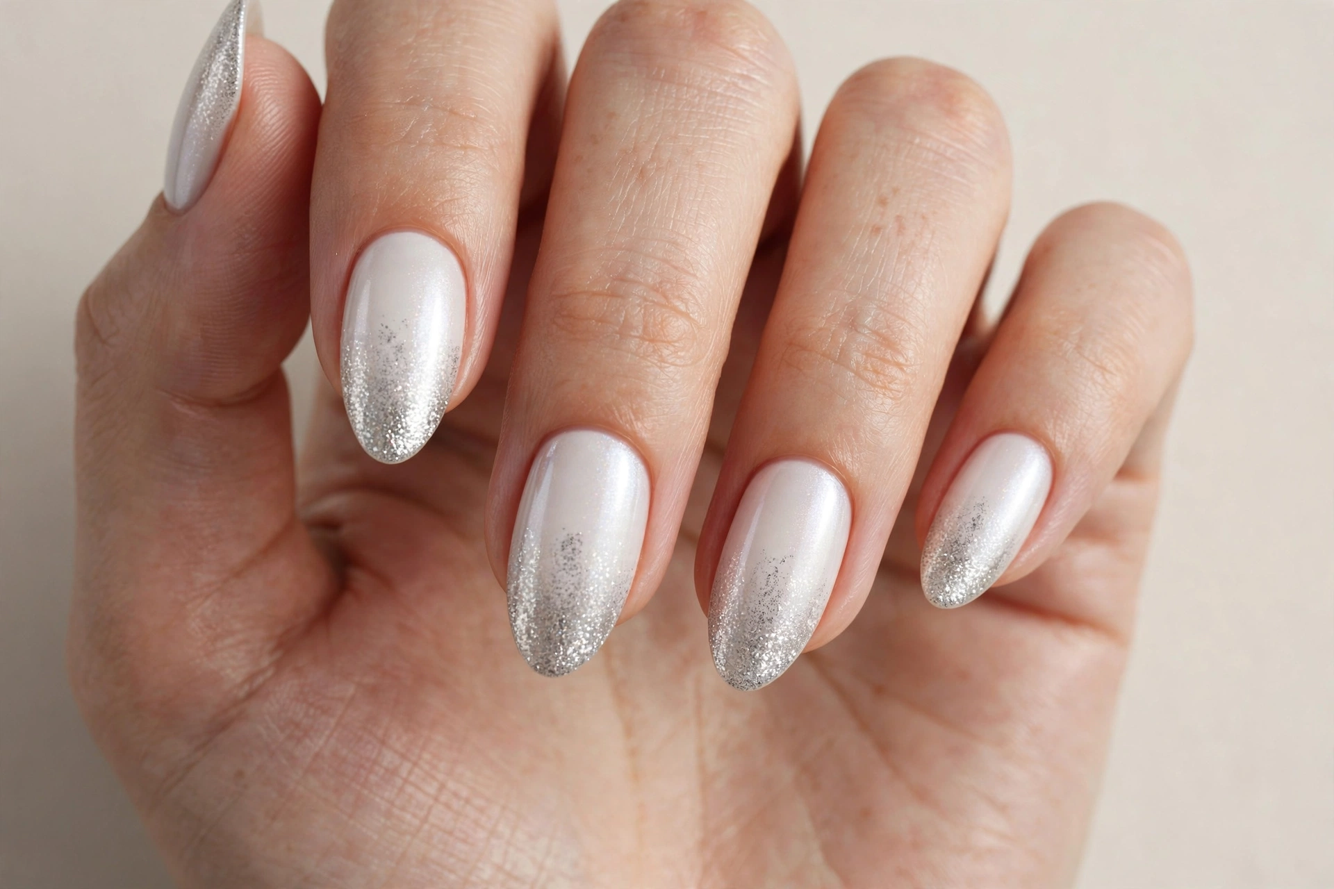 White pearl manicure with silver glitter gradient from tips