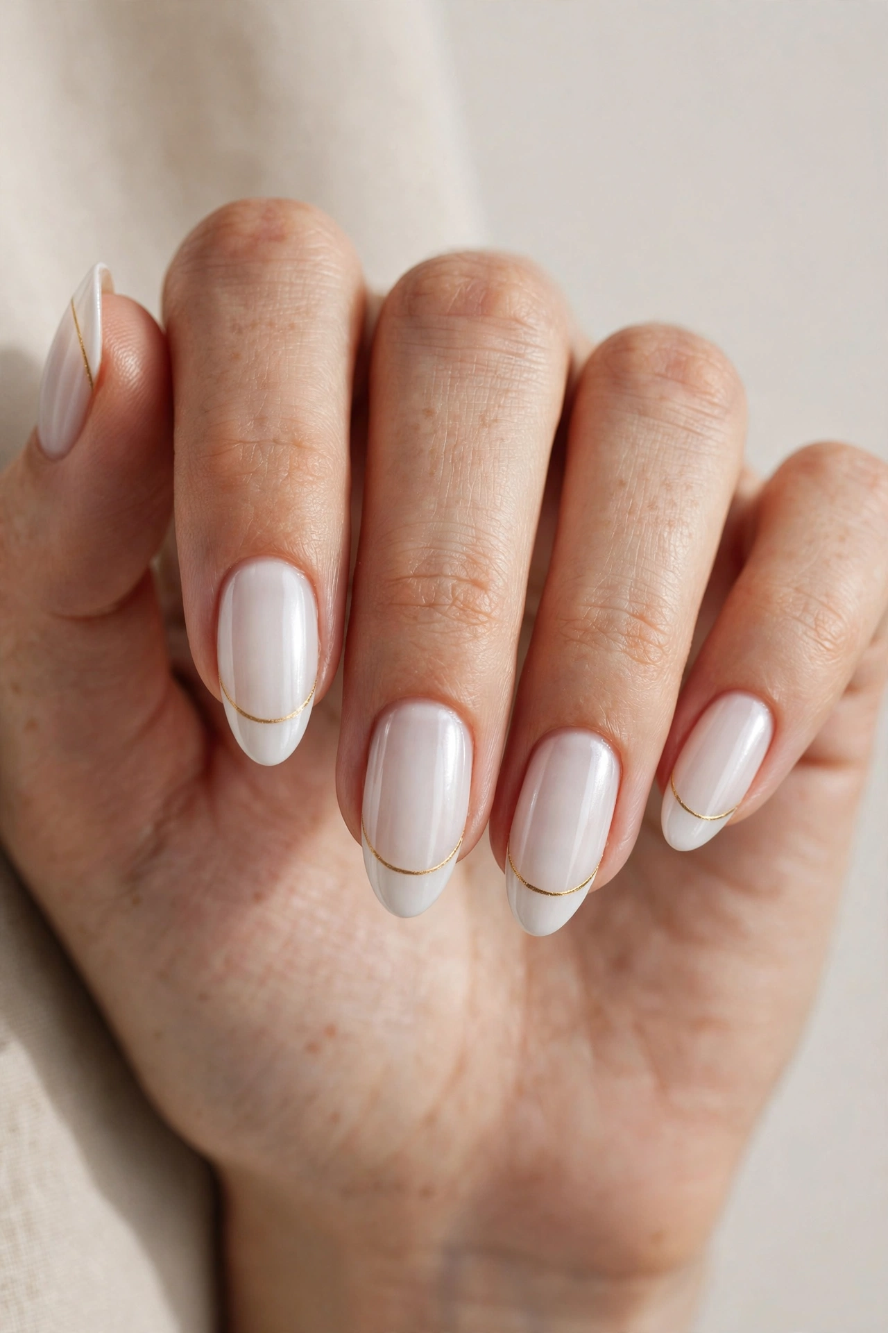Pearl white manicure with thin gold french smile line