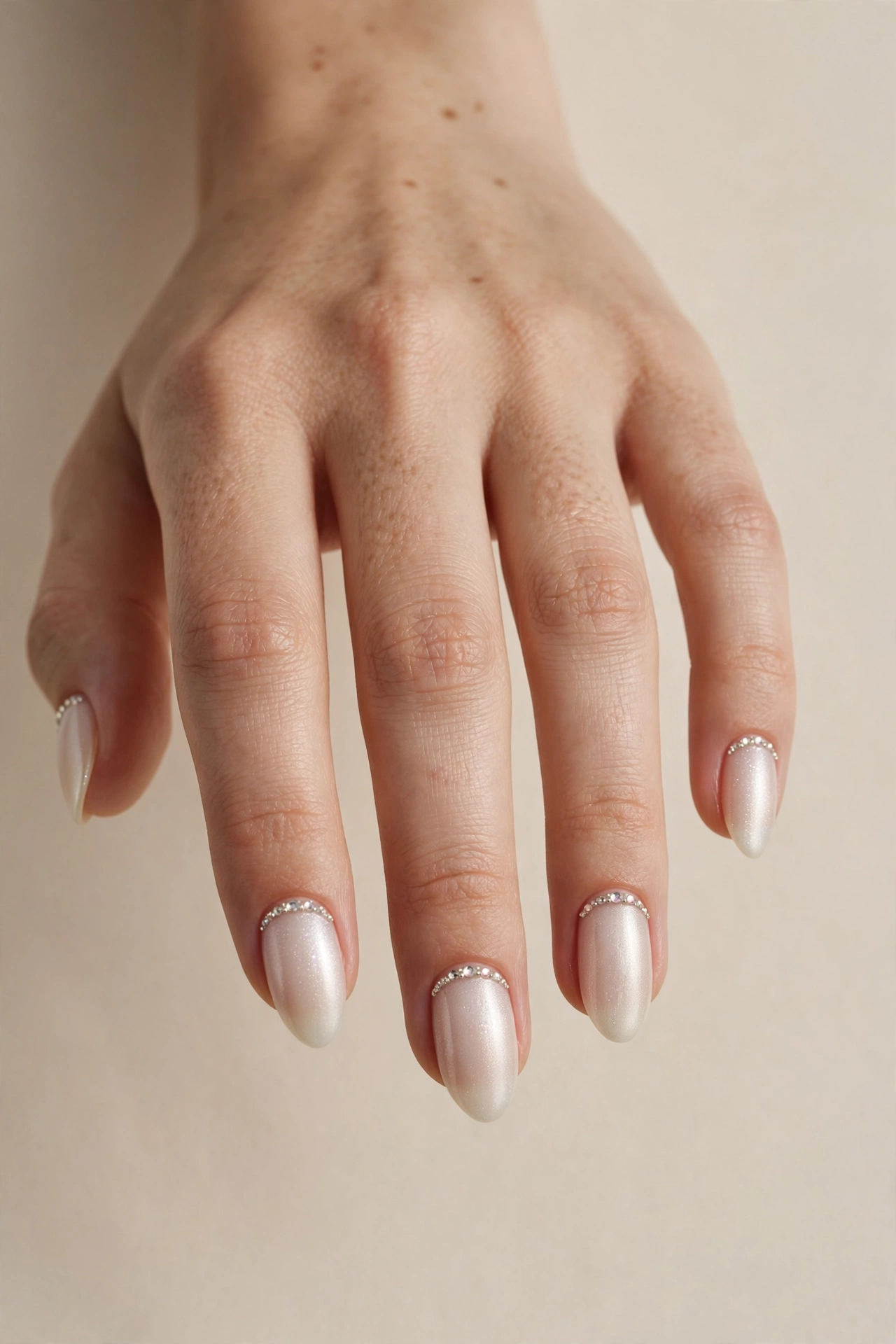 Soft pearl manicure with tiny rhinestone crystals along cuticles