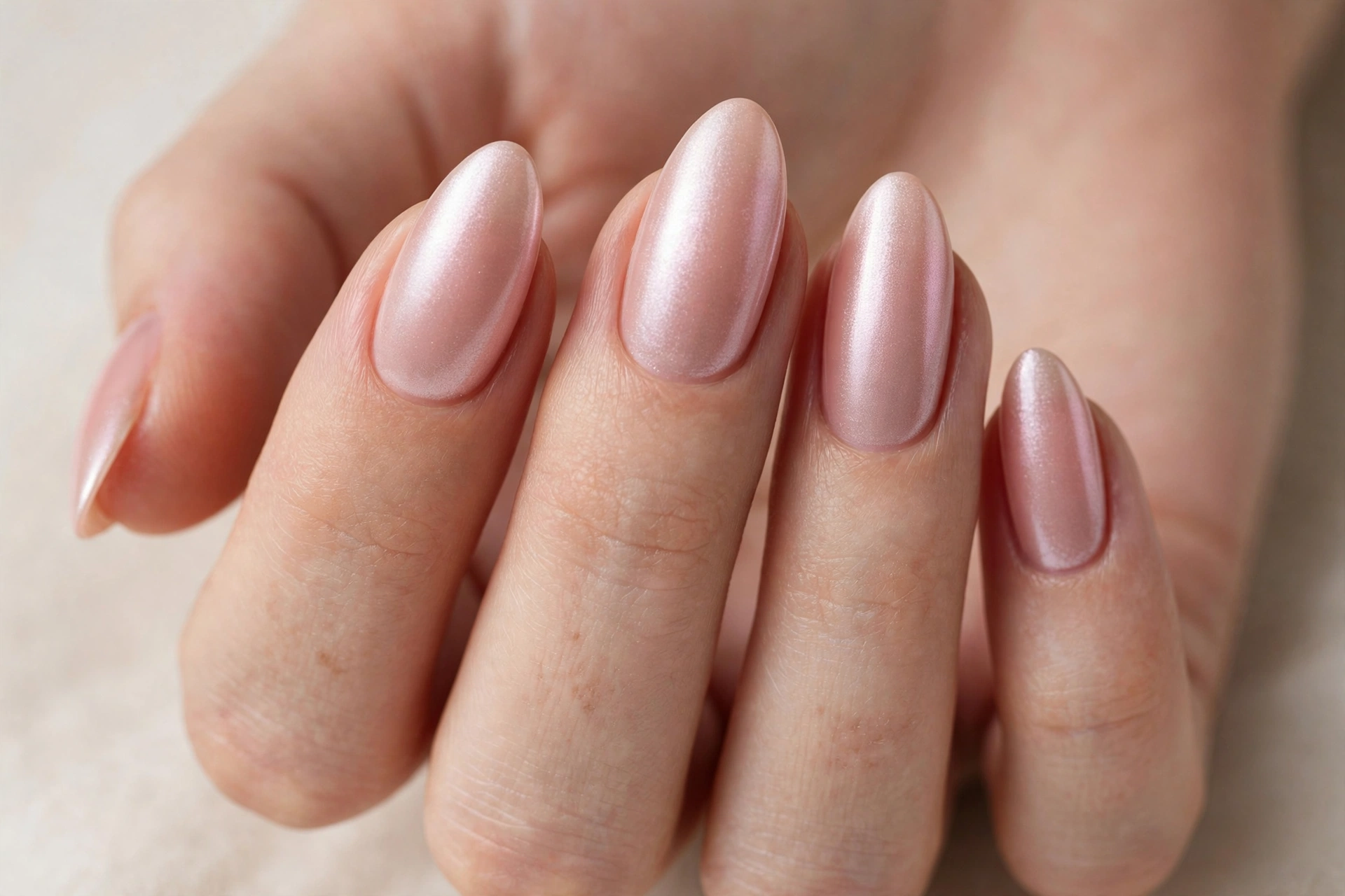 Soft pink pearl sheen manicure with blush shimmer