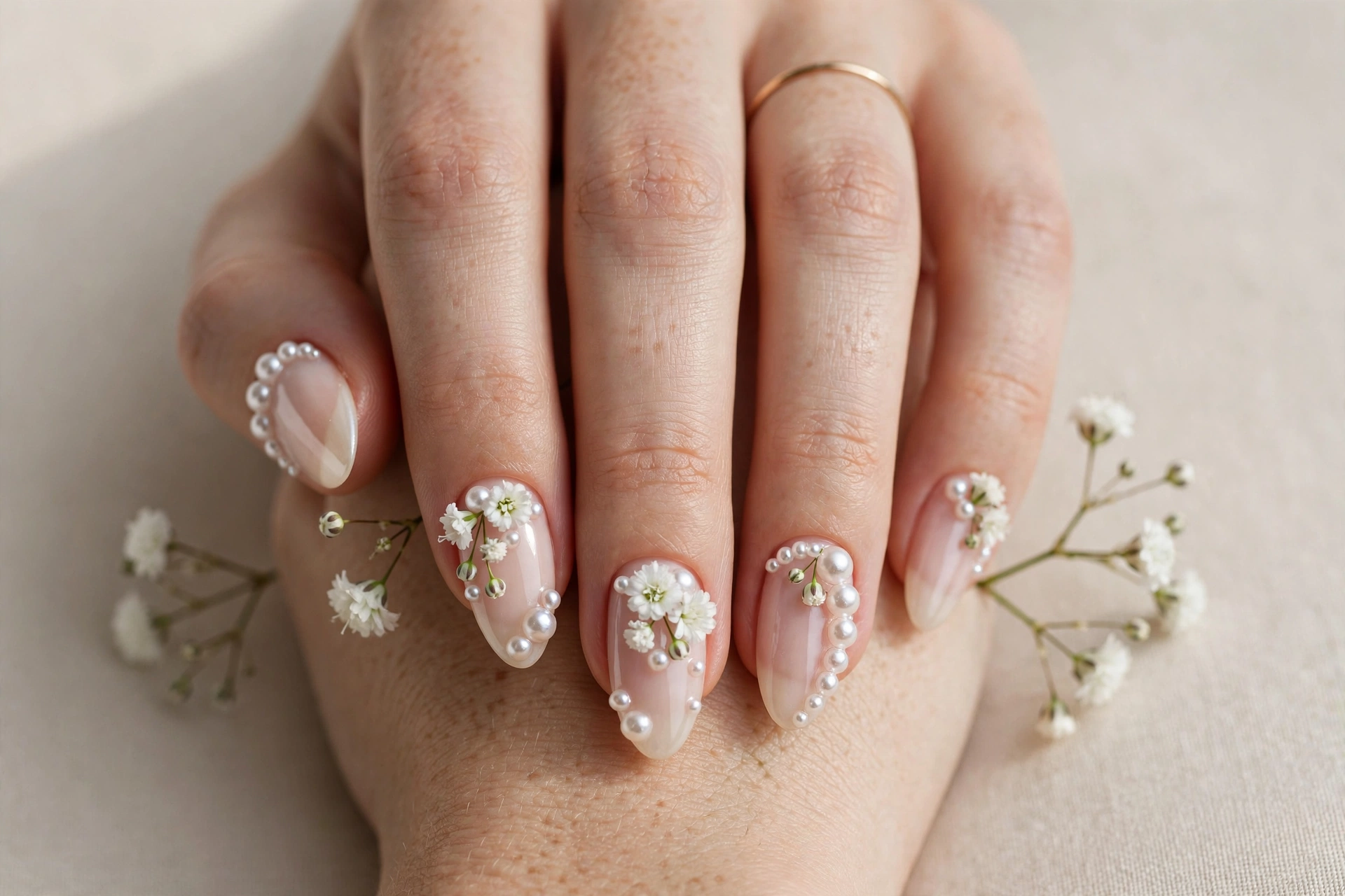 Bridal pearl manicure with tiny white baby's breath flowers