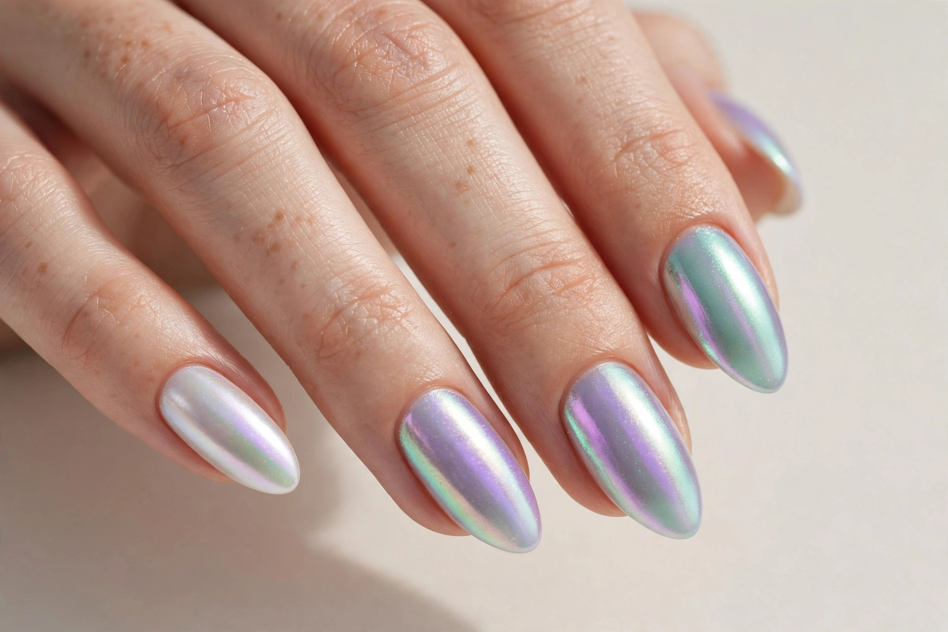 Pearl chrome manicure with holographic lavender and mint shift
