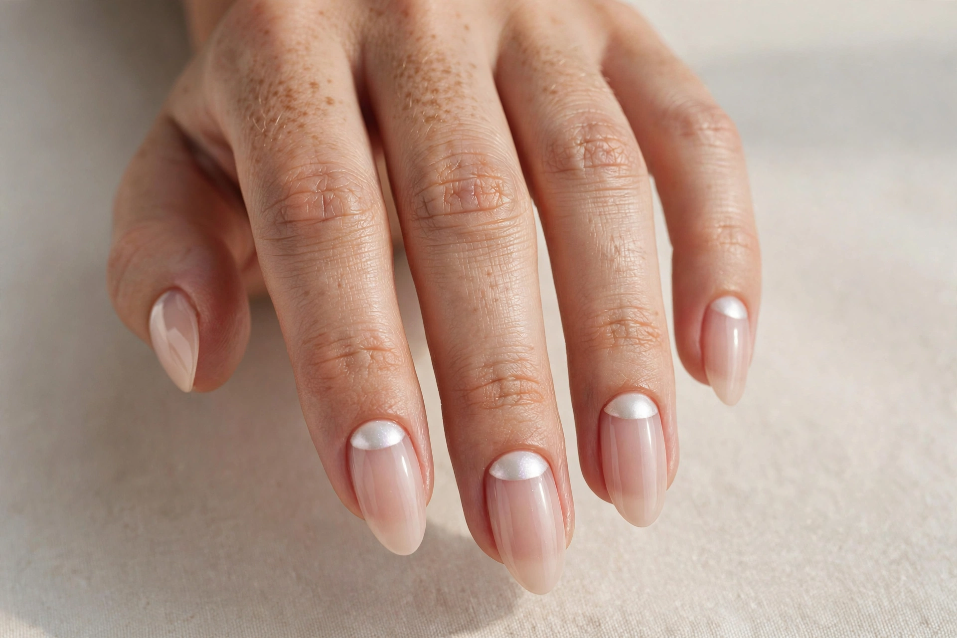 Pearl half-moon manicure with pearlescent moons on nude base