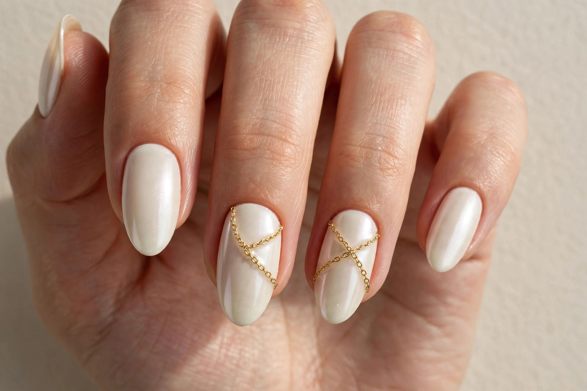 Ivory pearl manicure with delicate gold chain nail art