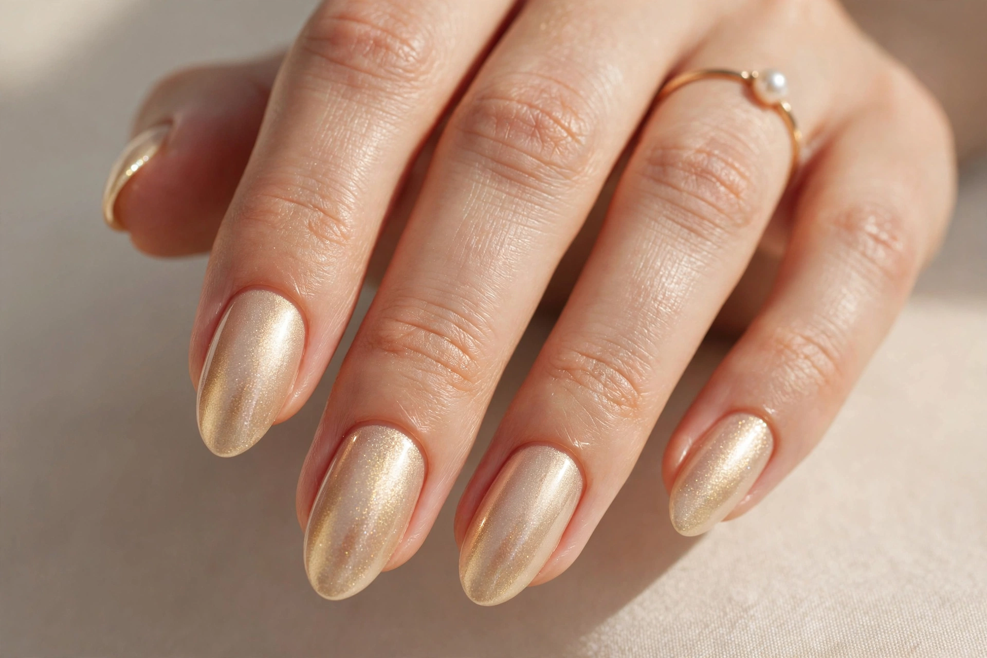 Champagne pearl shimmer manicure with warm golden glow
