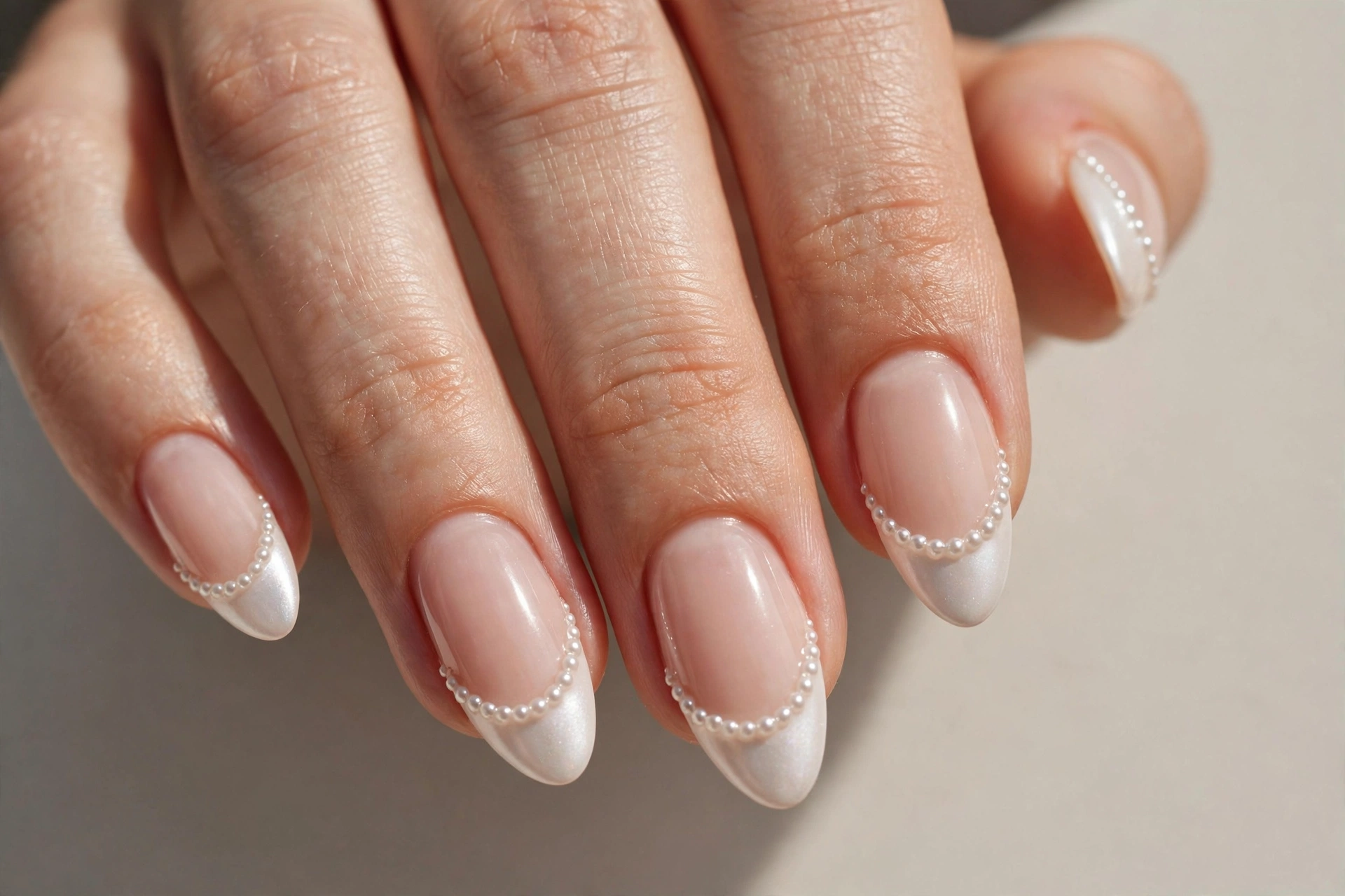 Pearl french manicure with tiny pearl dots along smile line