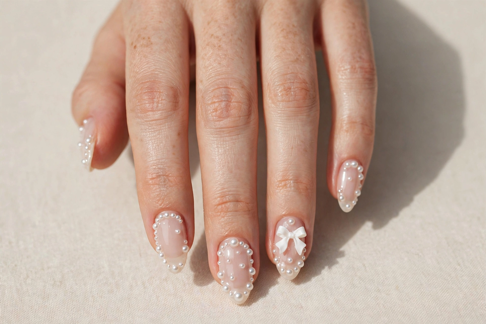 Bridal pearl manicure with tiny white bow accents on ring fingers