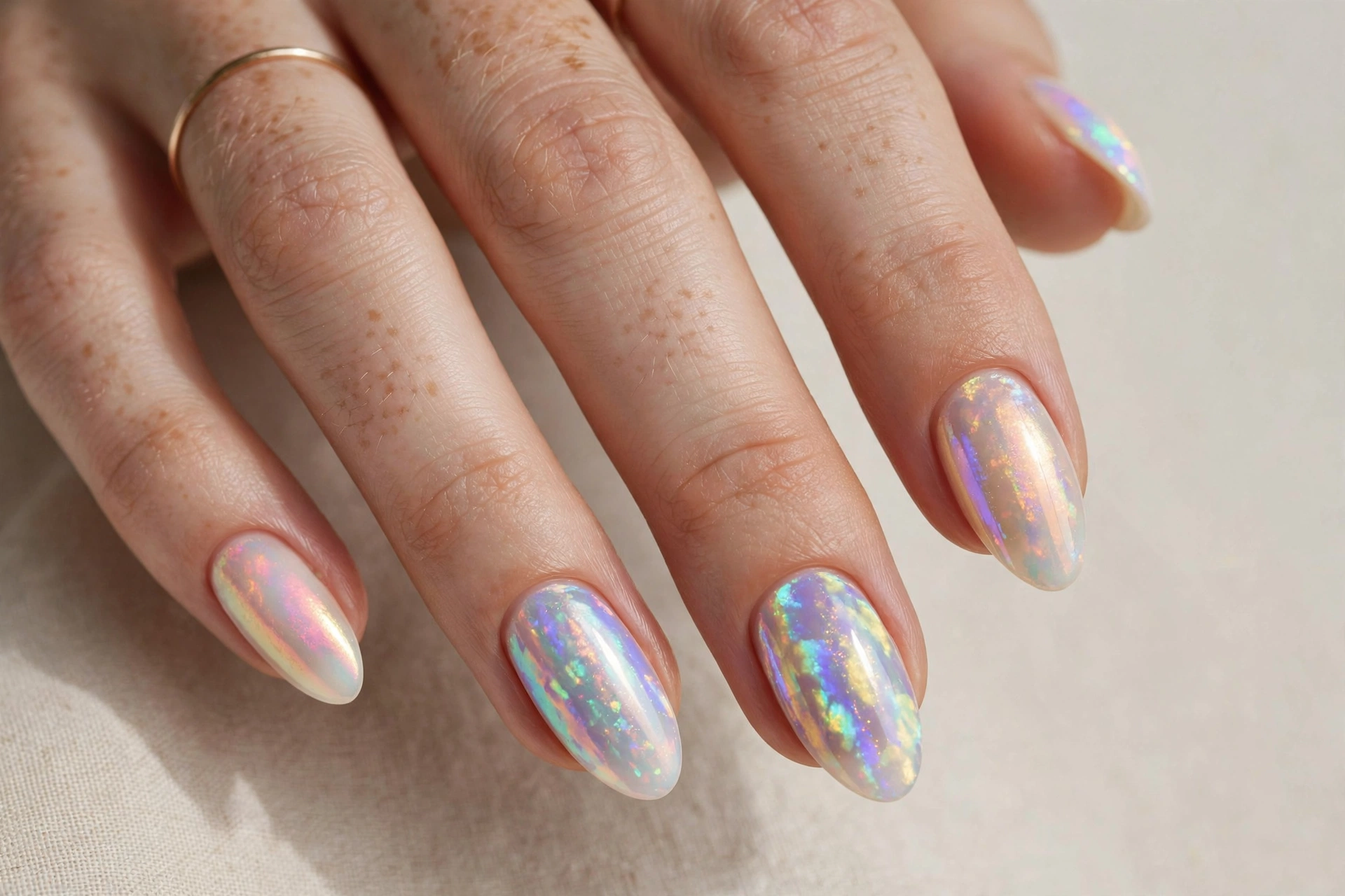 Opal pearl iridescent manicure with milky rainbow fire
