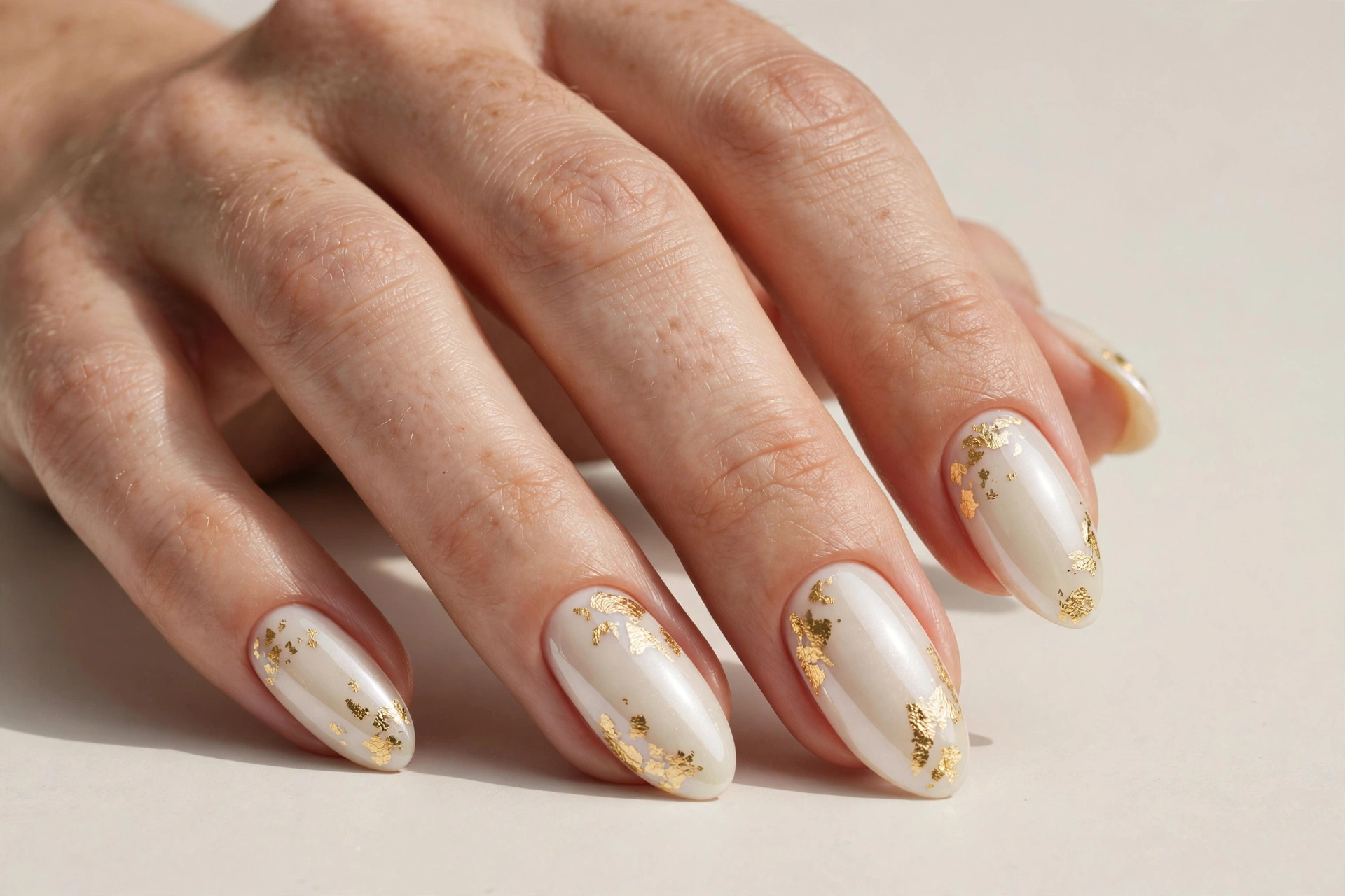 Ivory pearl manicure with scattered gold leaf flakes