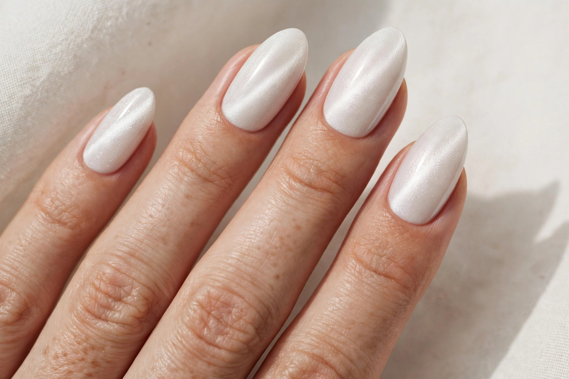 Pearl velvet manicure with soft cat-eye shimmer