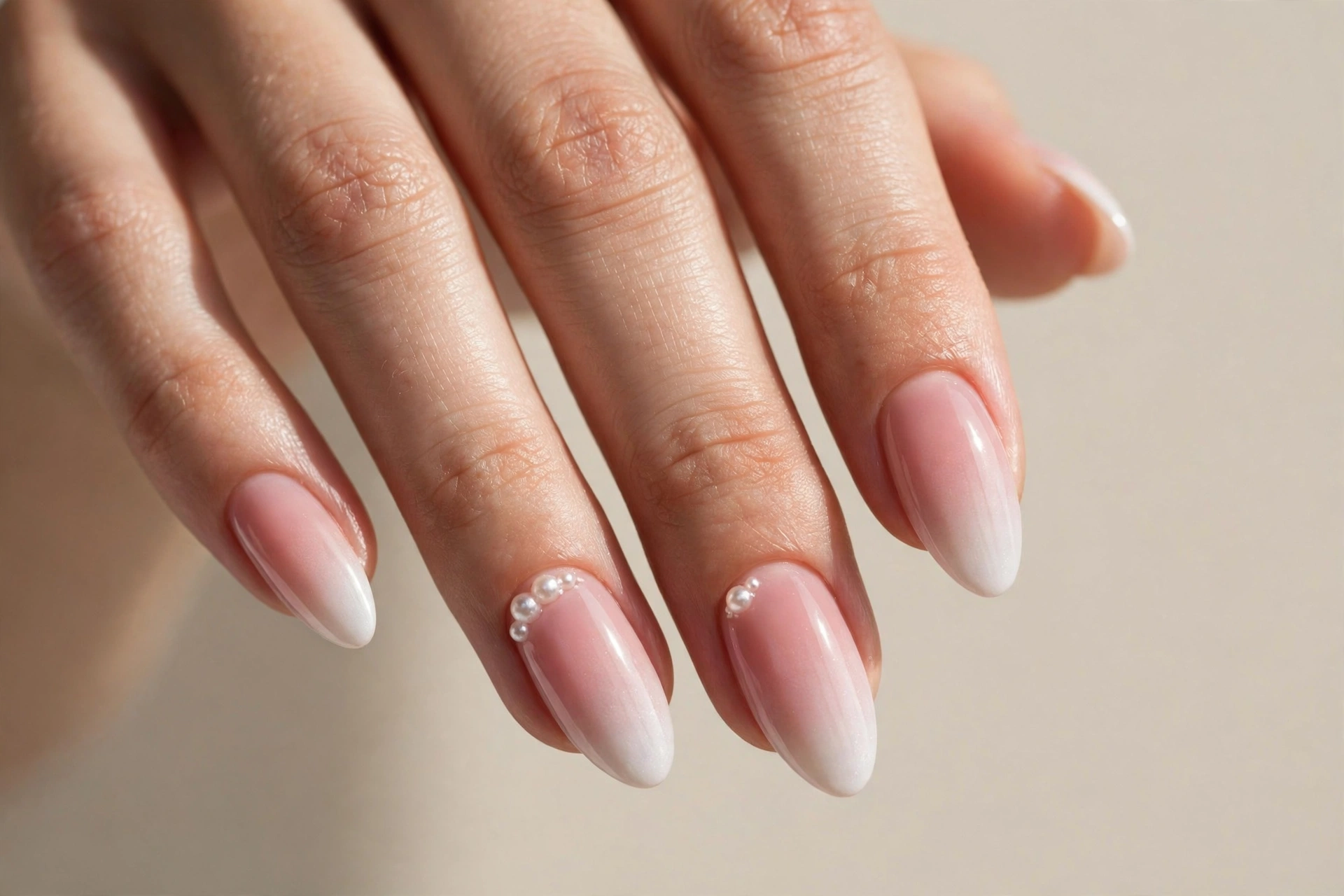 Bridal pearl and blush pink ombre manicure