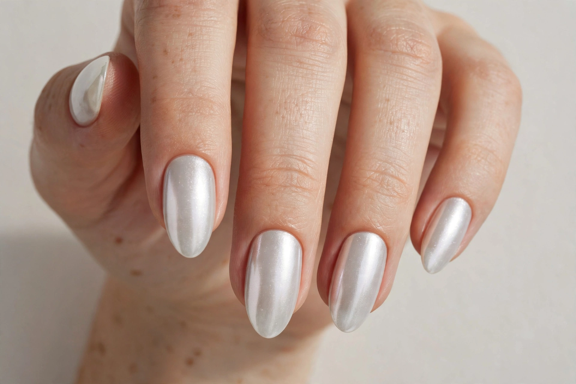 Elegant white pearl chrome manicure on almond shaped nails