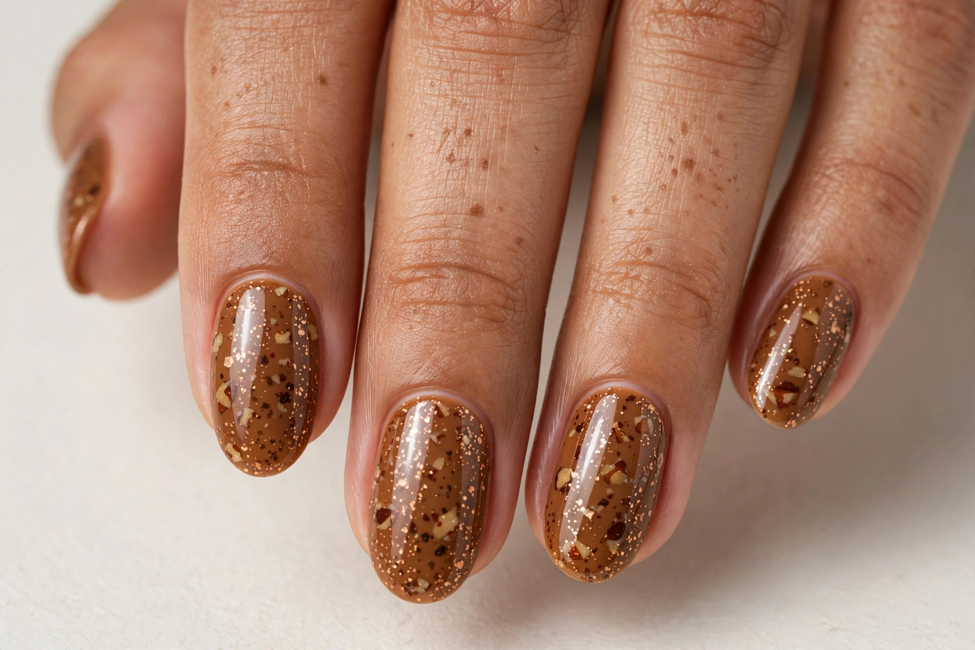 Classic pecan crunch latte nails with glossy caramel brown and pecan glitter flecks