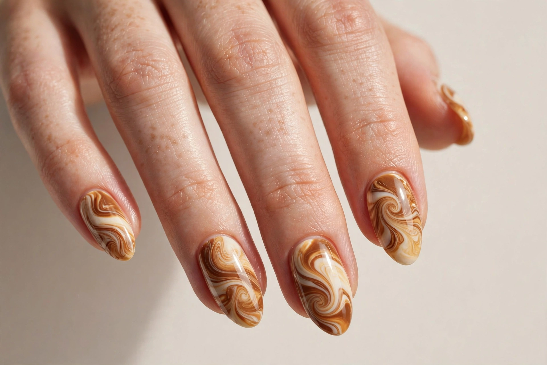 Toffee swirl marble nails with warm toffee and cream marble pattern