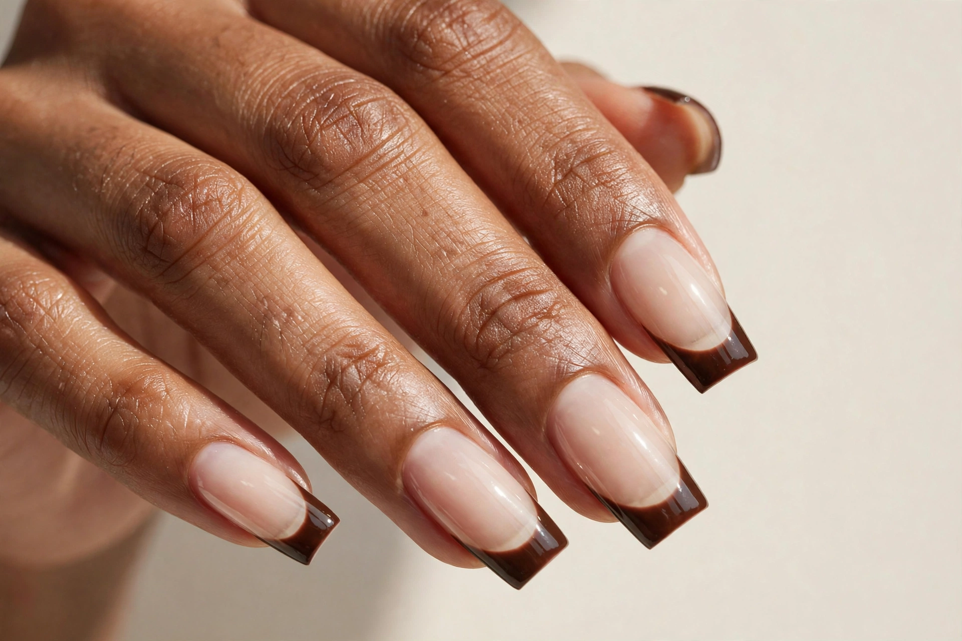 Espresso tip latte nails with deep brown French tips on sheer cream base
