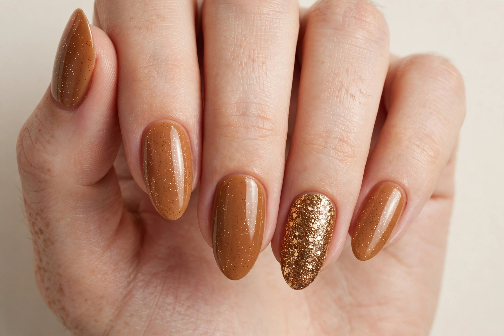 Pecan pie glitter accent nails with gold-brown glitter on ring finger